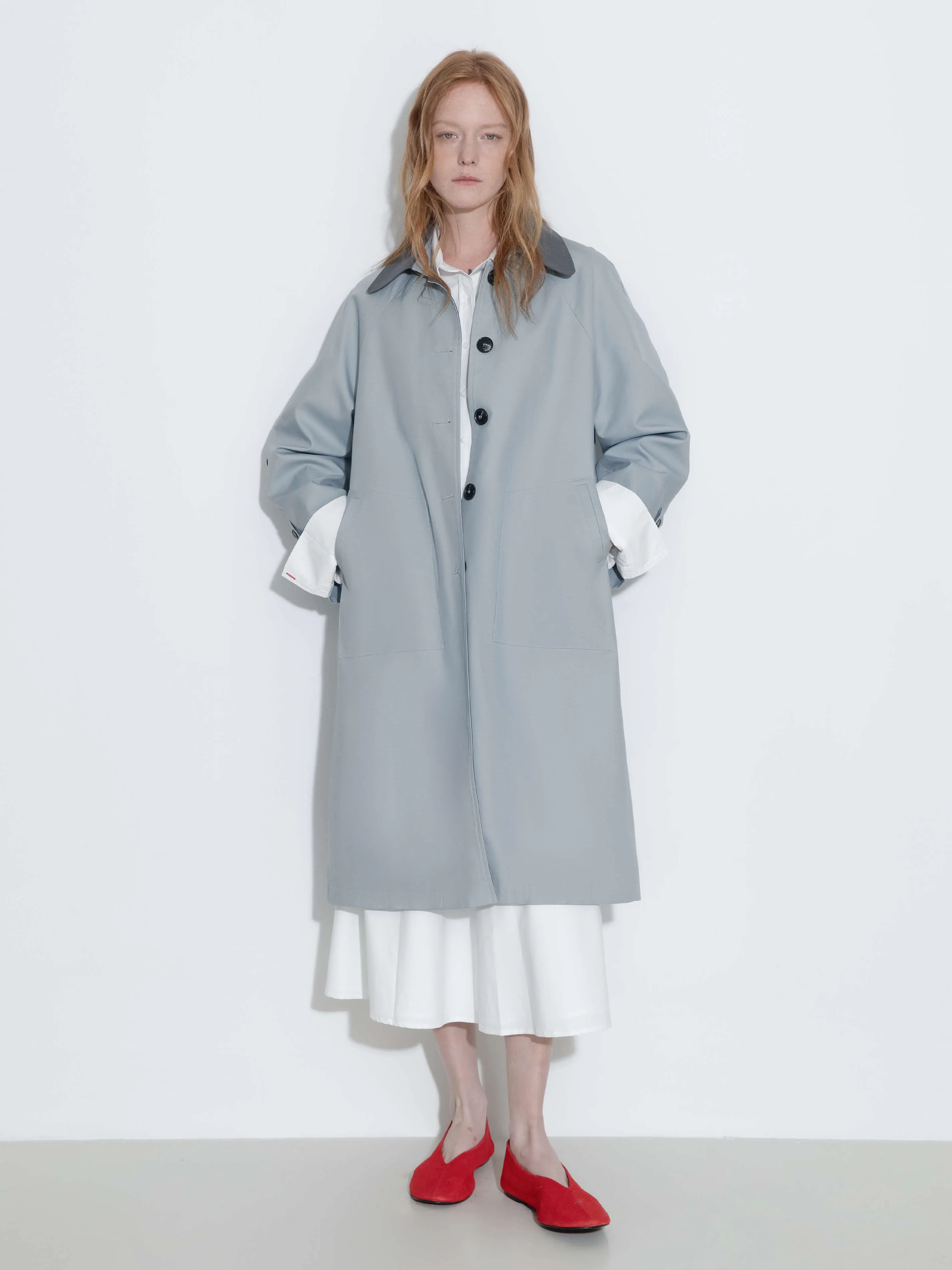 Color-Blocked Collar Long Trench Coat