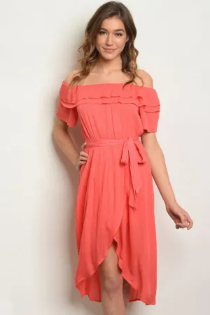 Coral Short Sleeve Off The Shoulder High Low Tunic Dress