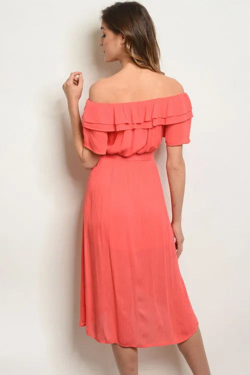 Coral Short Sleeve Off The Shoulder High Low Tunic Dress