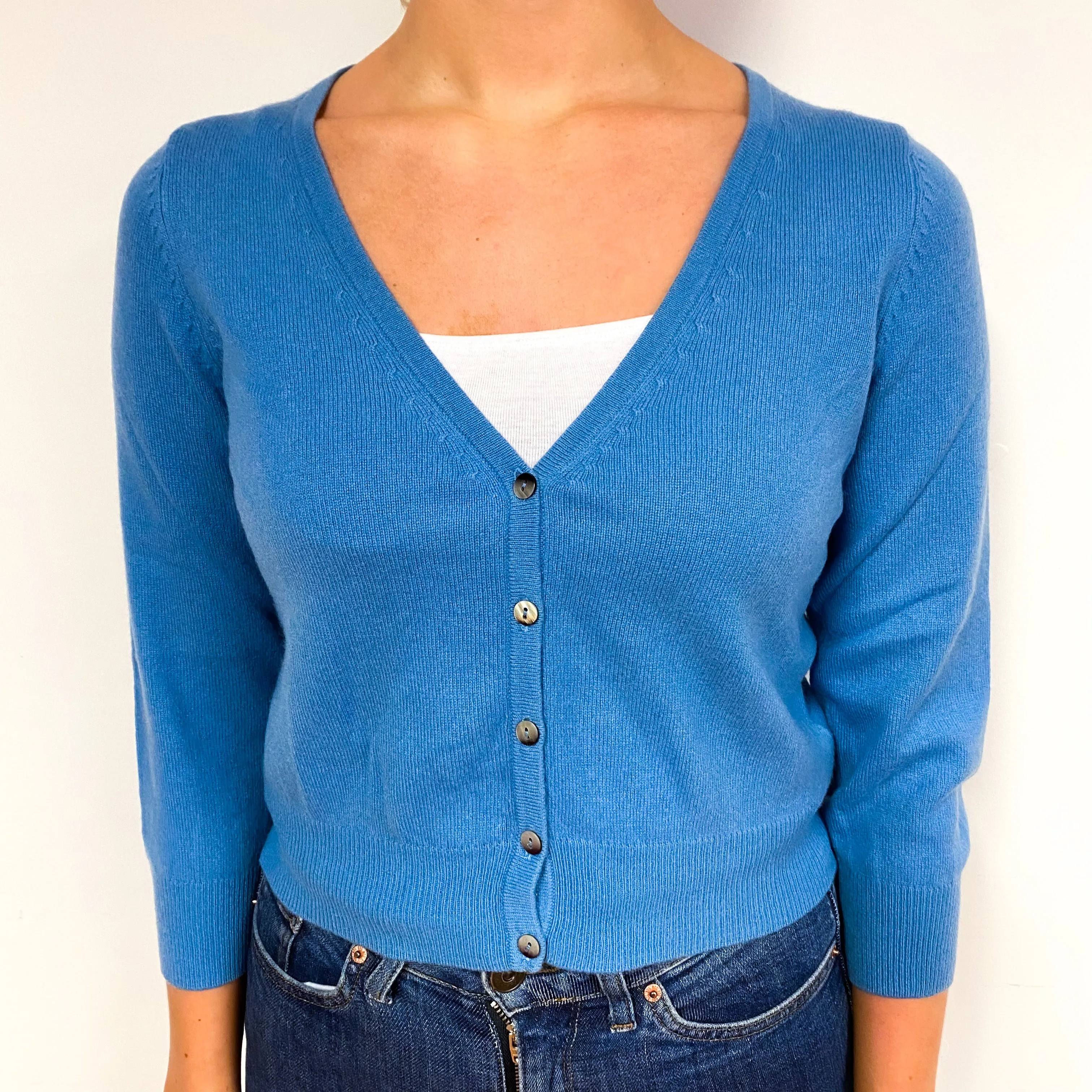 Cornflower Blue Cropped Cashmere V-Neck Cardigan Small