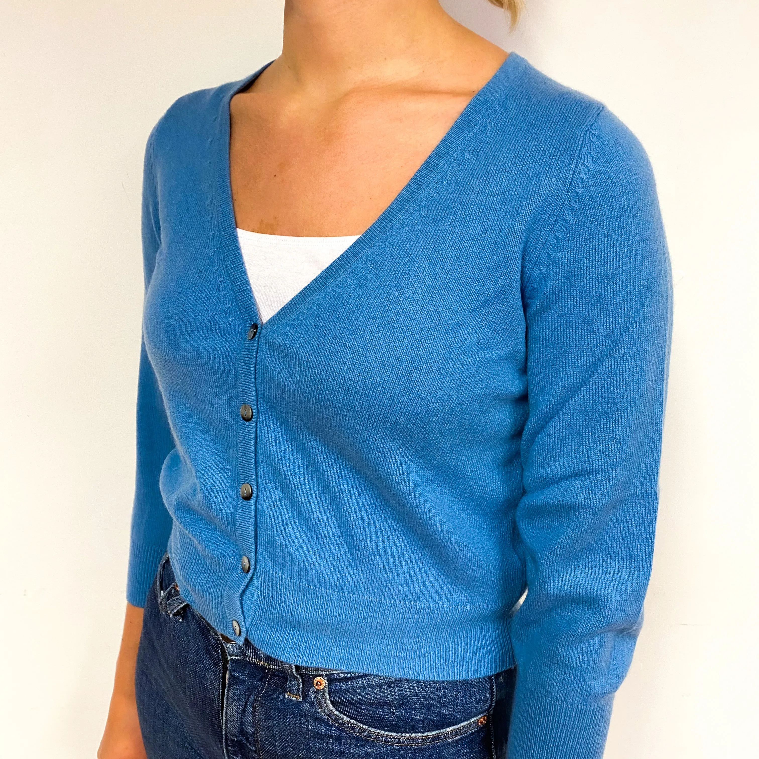 Cornflower Blue Cropped Cashmere V-Neck Cardigan Small