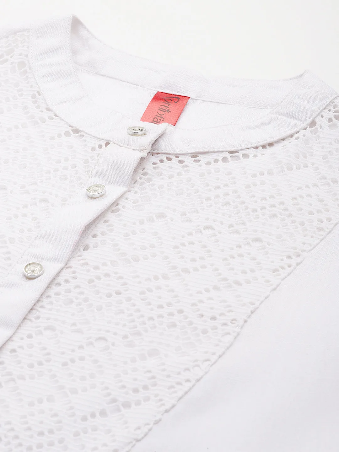 Cottinfab Solid Mandarin Collar Net Detailed Top