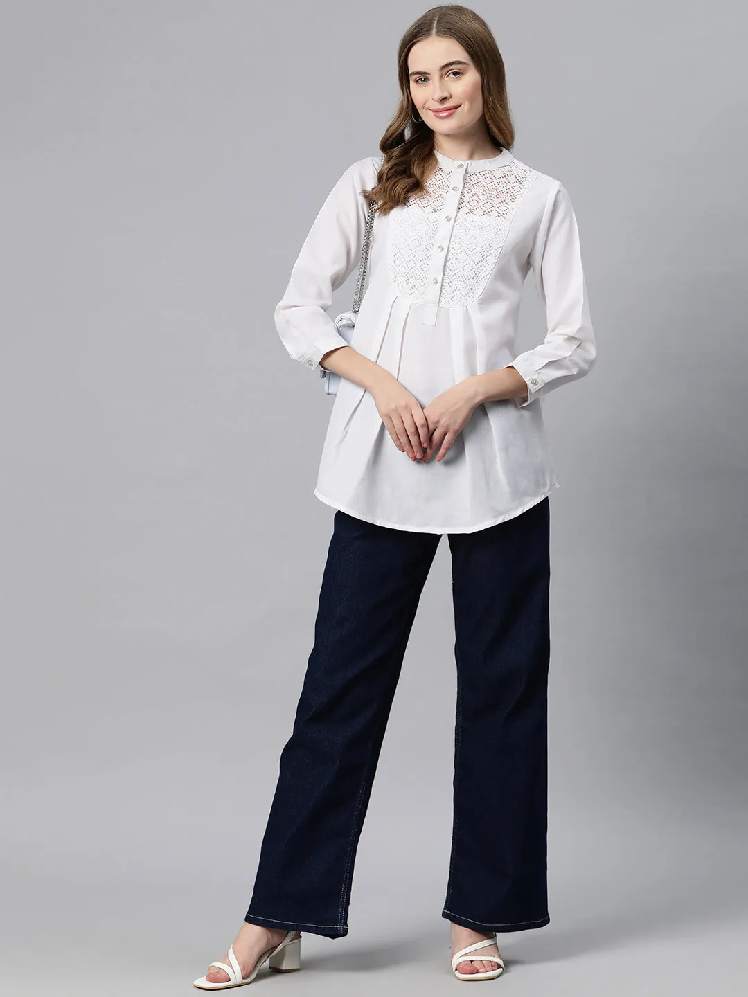 Cottinfab Solid Mandarin Collar Net Detailed Top
