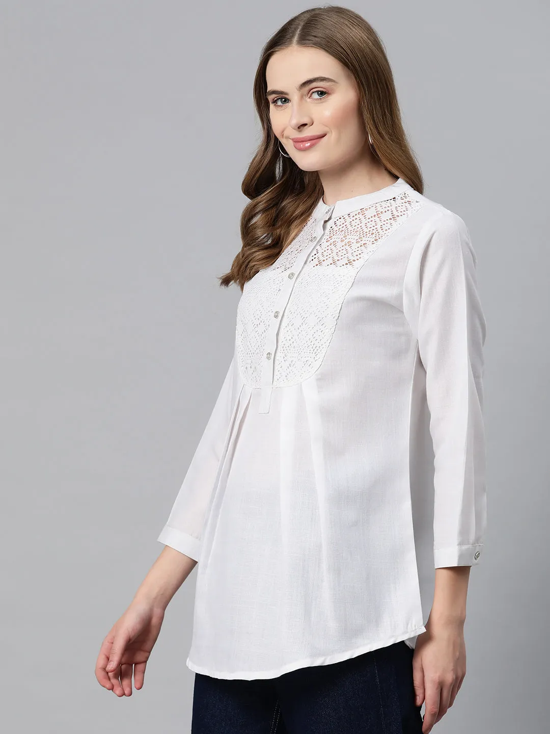 Cottinfab Solid Mandarin Collar Net Detailed Top