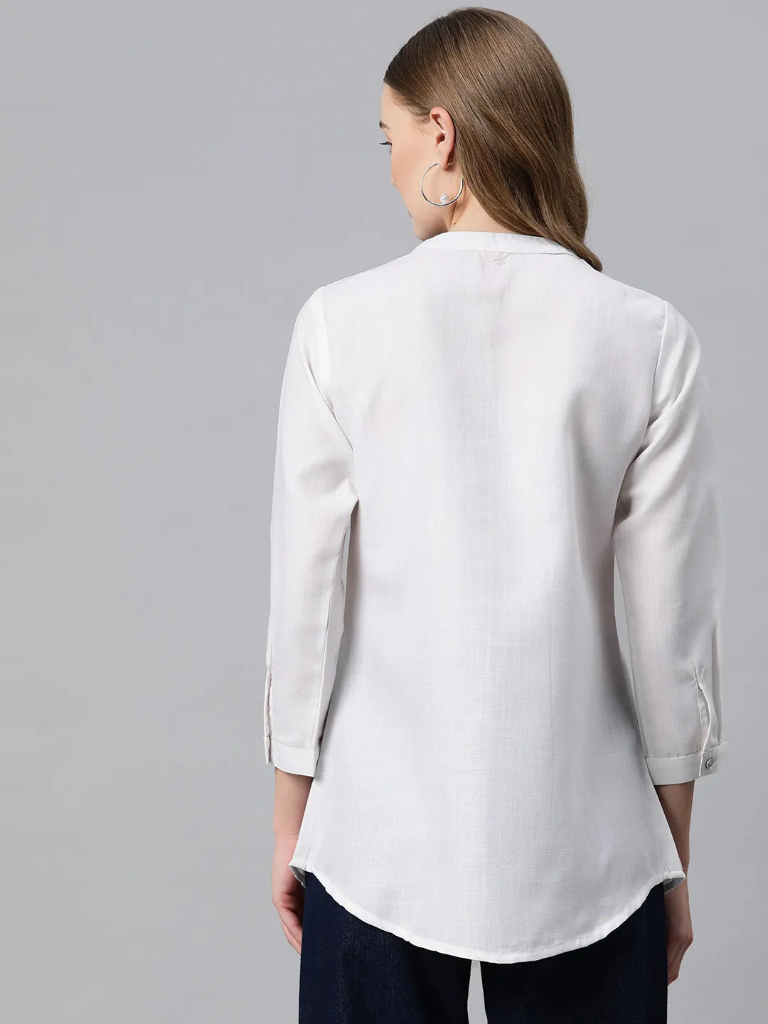 Cottinfab Solid Mandarin Collar Net Detailed Top