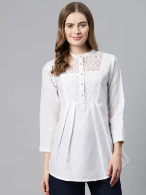 Cottinfab Solid Mandarin Collar Net Detailed Top