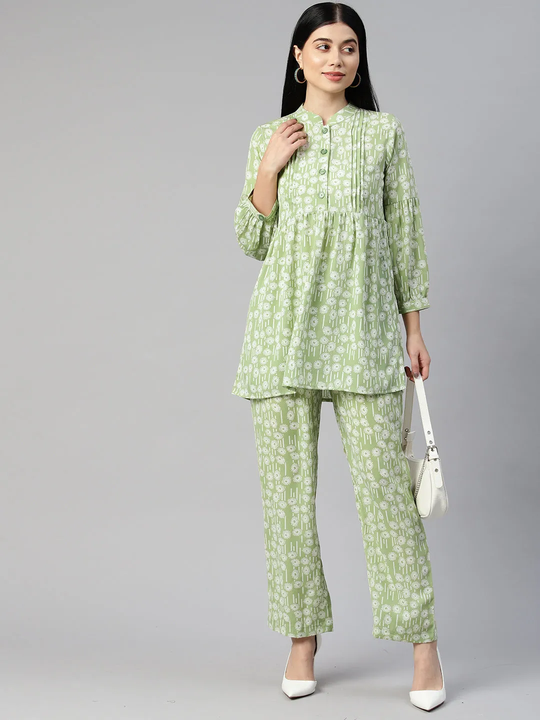 Cottinfab Women Printed Pleated Top with Trousers