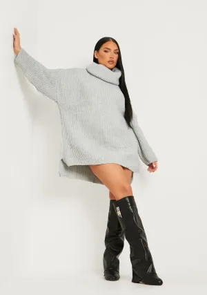 Courtney Light Grey Roll Neck Knitted Dip Hem Jumper Dress