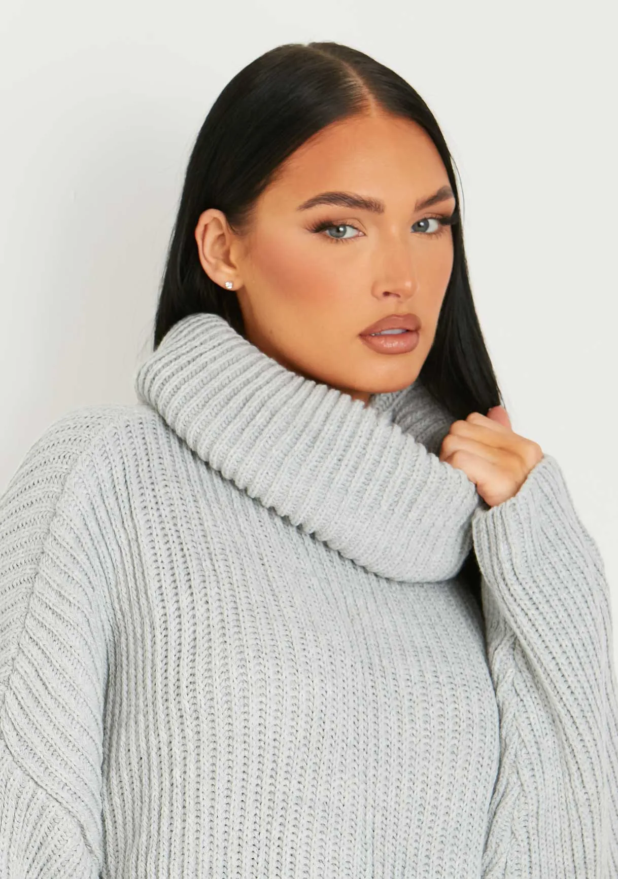 Courtney Light Grey Roll Neck Knitted Dip Hem Jumper Dress