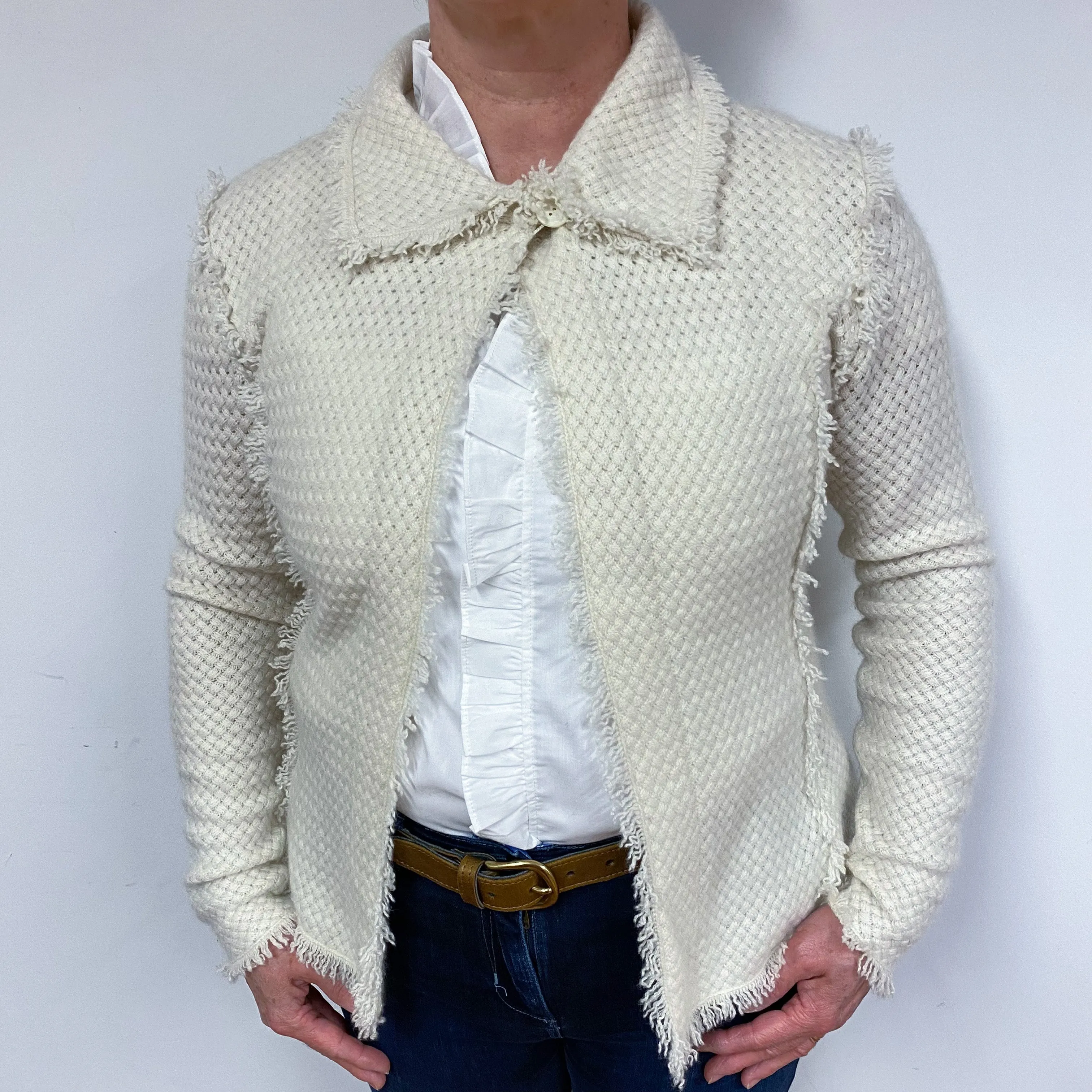 Cream Basket Weave Knit Cashmere Jacket Large