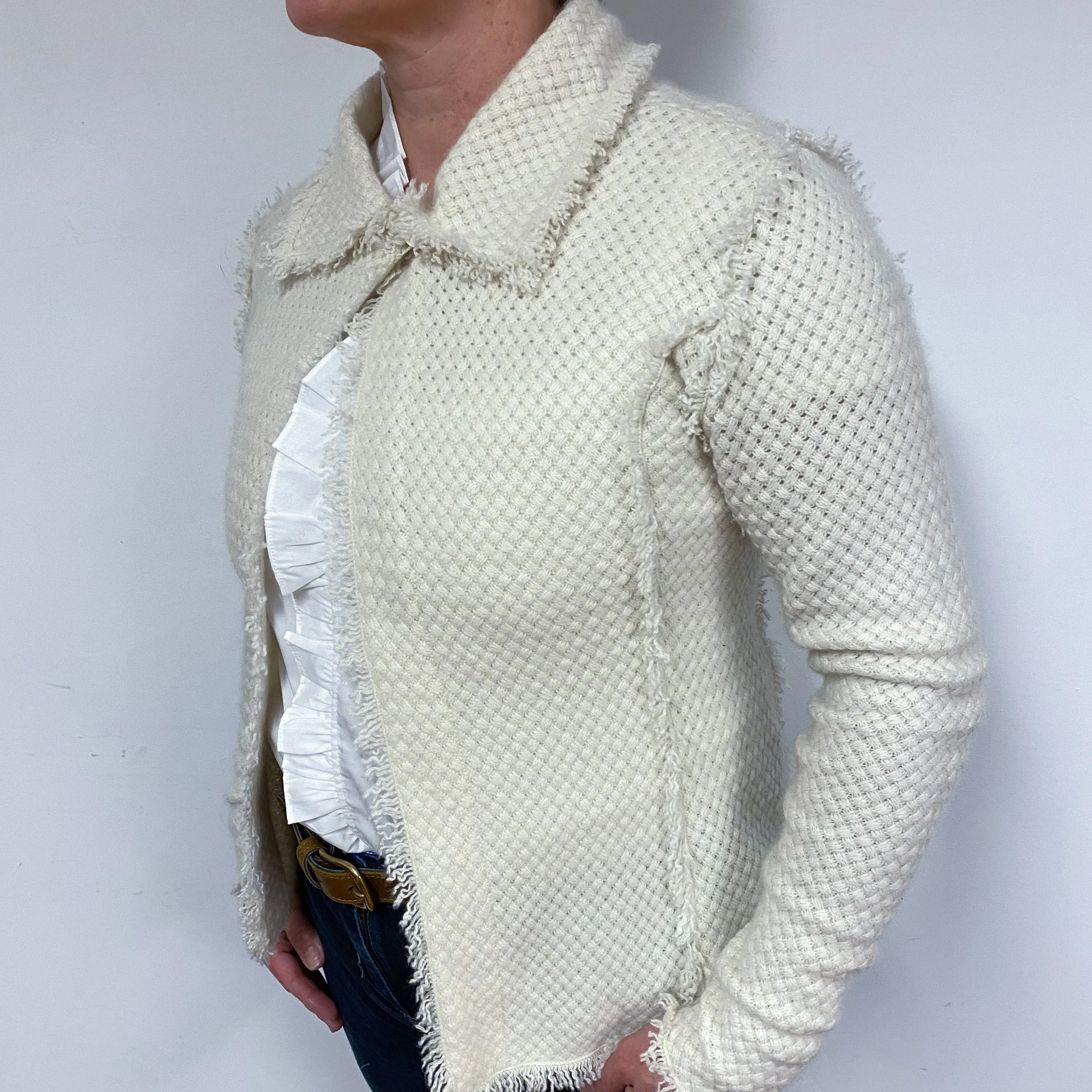 Cream Basket Weave Knit Cashmere Jacket Large