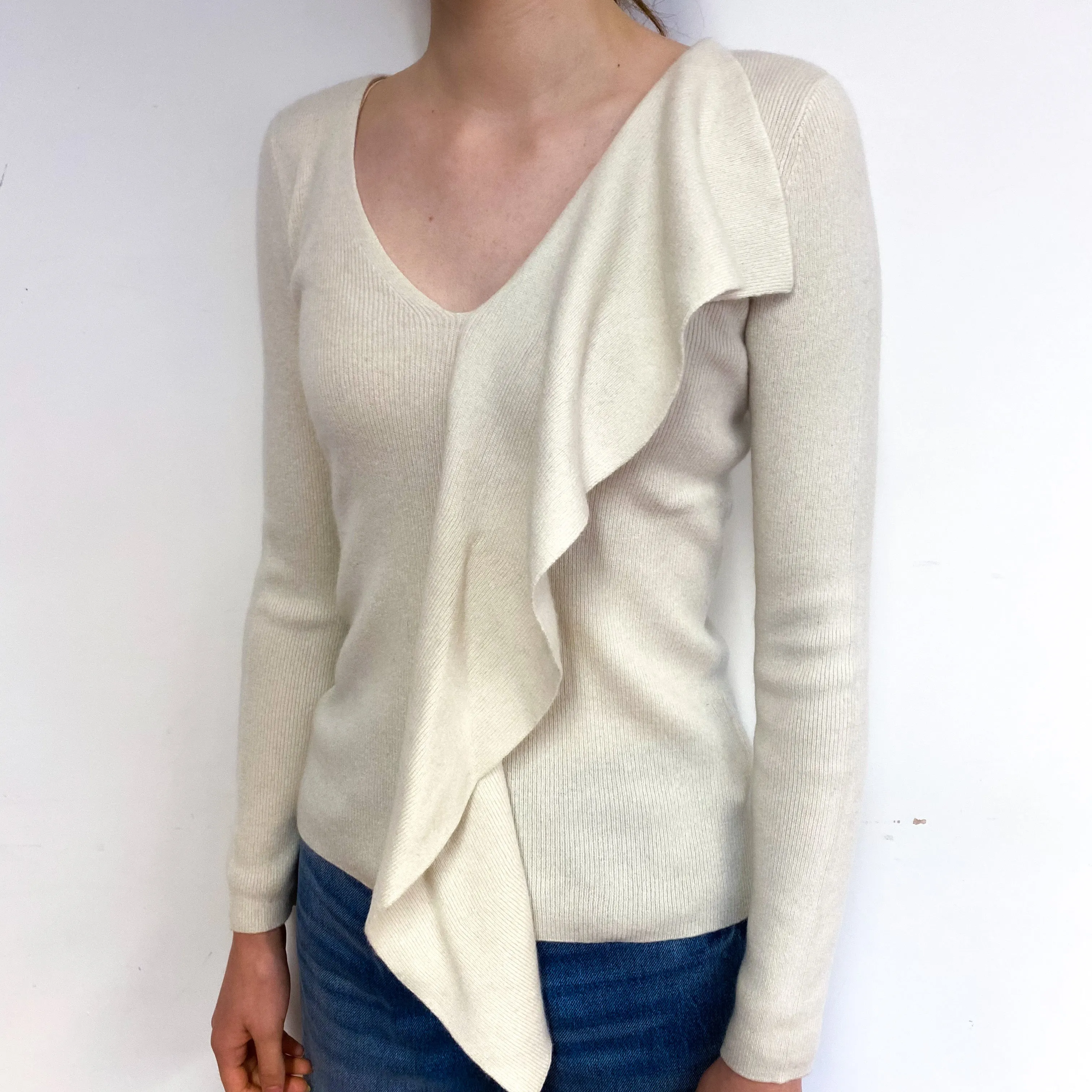 Cream Frill Detail Cashmere V-Neck Jumper Extra Small