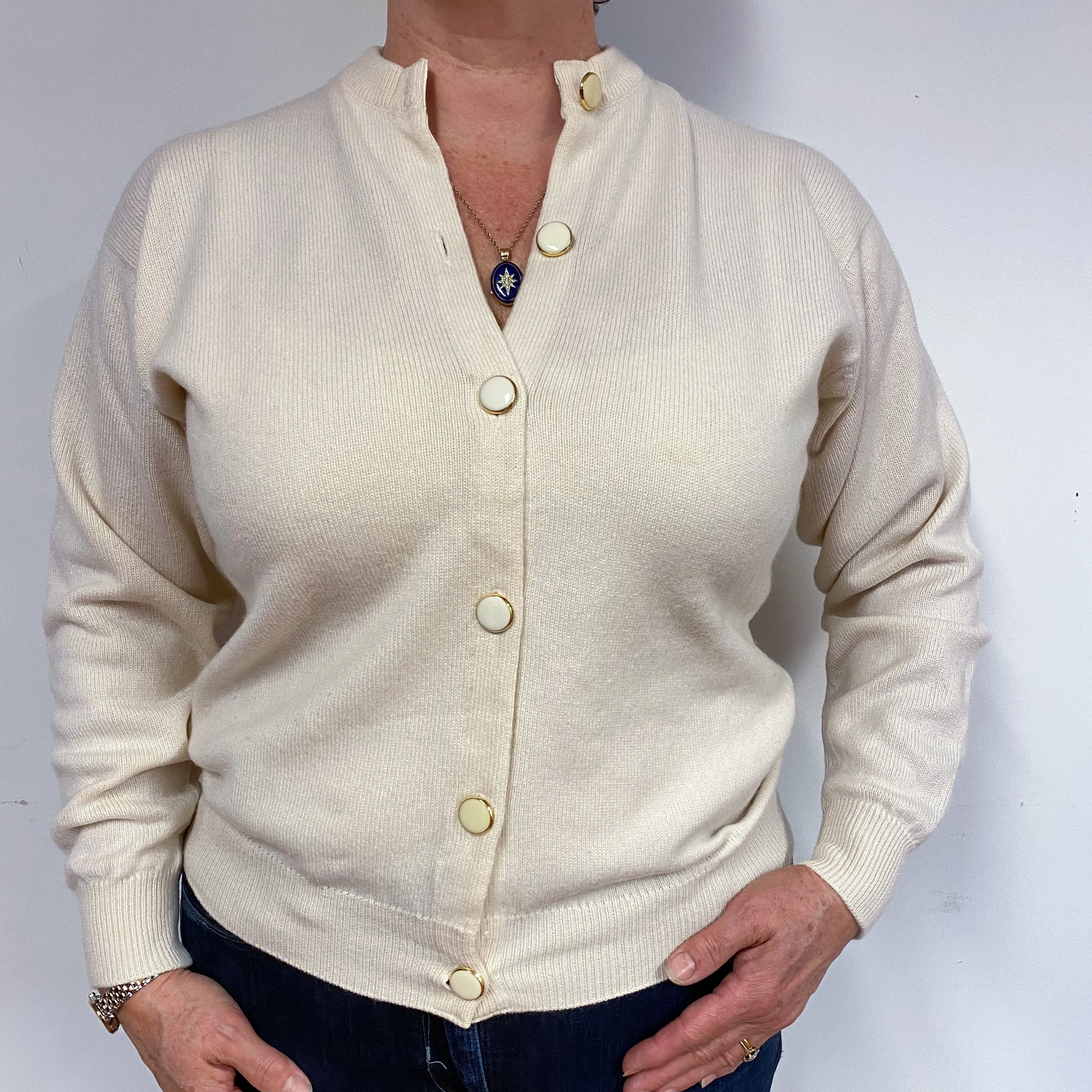 Cream Heavy Knit Cashmere Cream Neck Cardigan Large