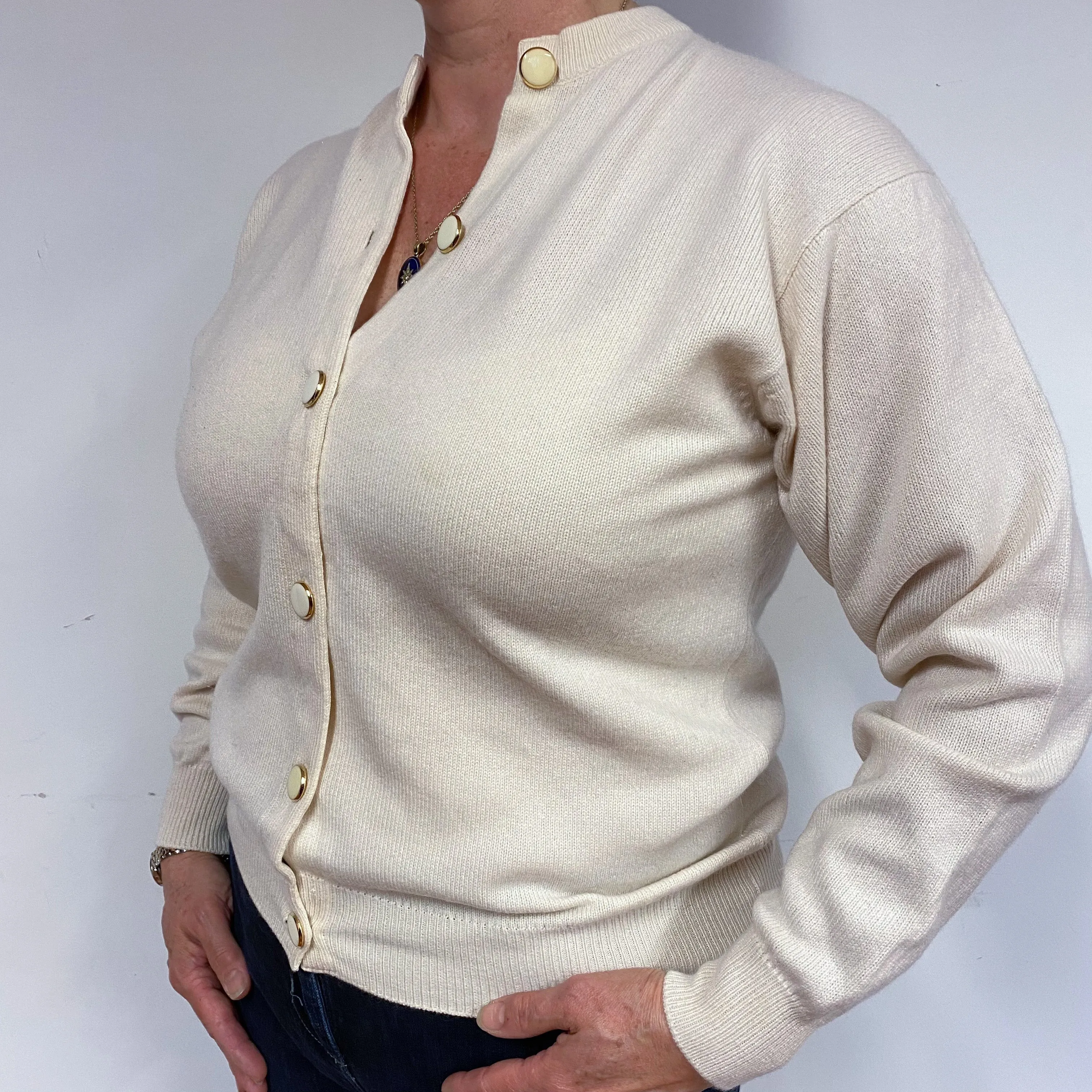 Cream Heavy Knit Cashmere Cream Neck Cardigan Large