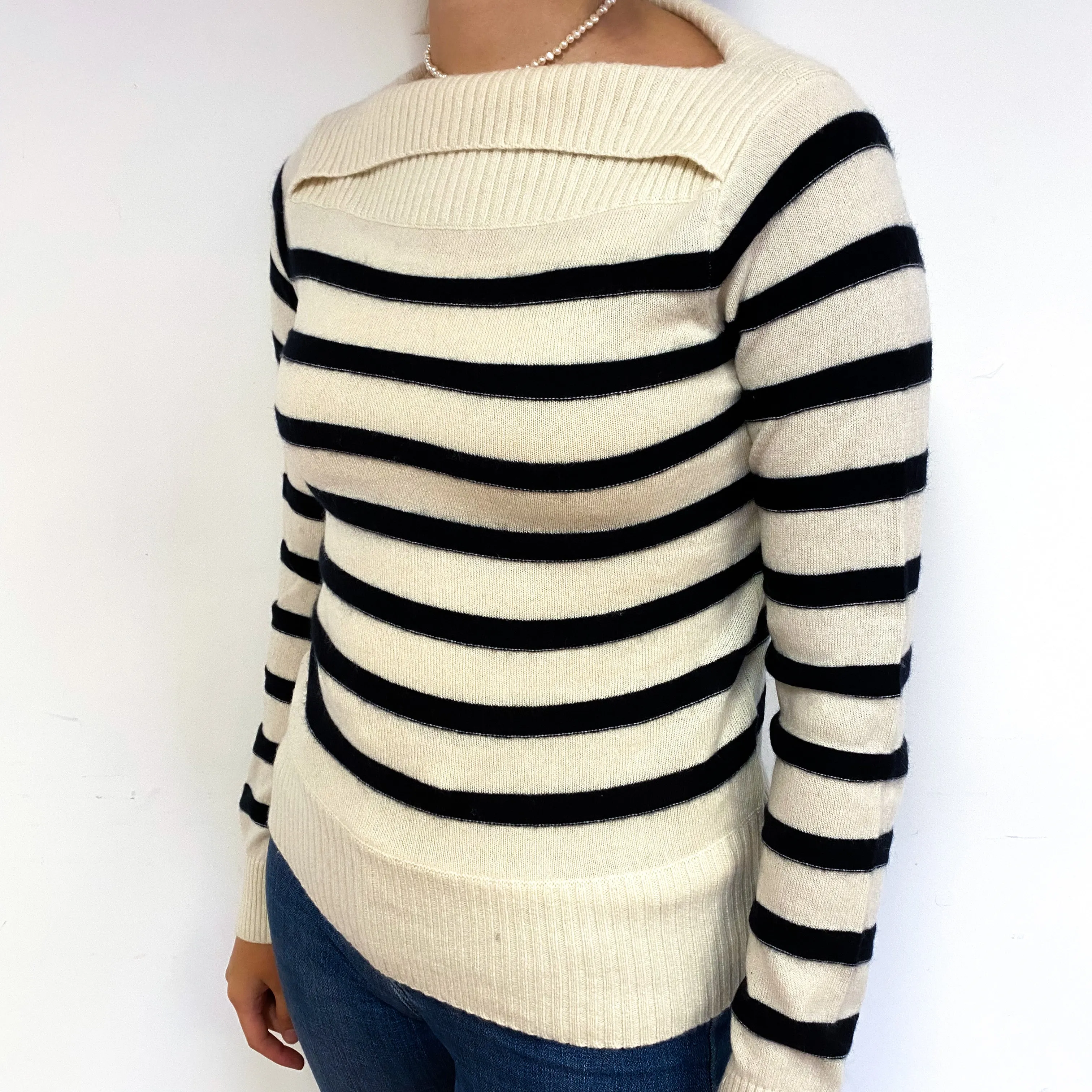 Cream Navy Stripe Cashmere Boat Neck Jumper Small