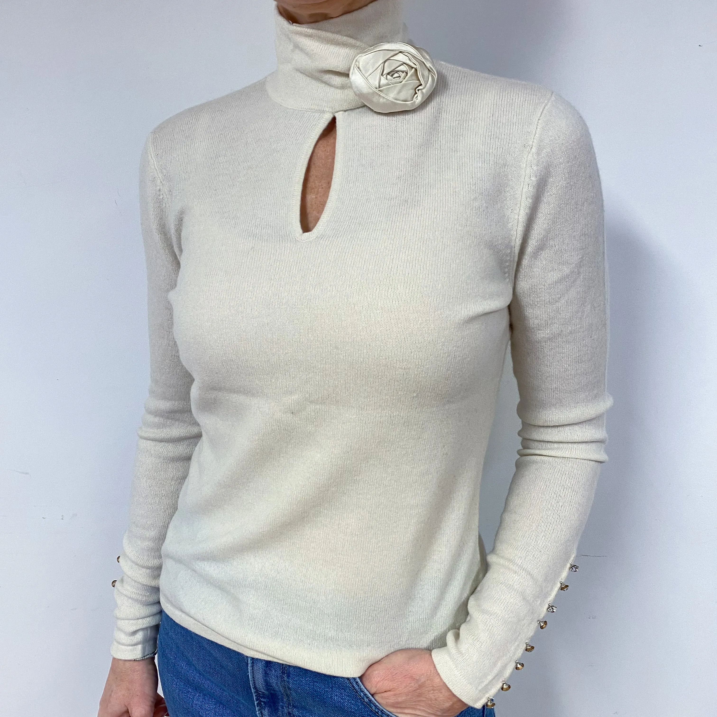 Cream Silk Flower Cashmere Polo Neck Jumper Medium