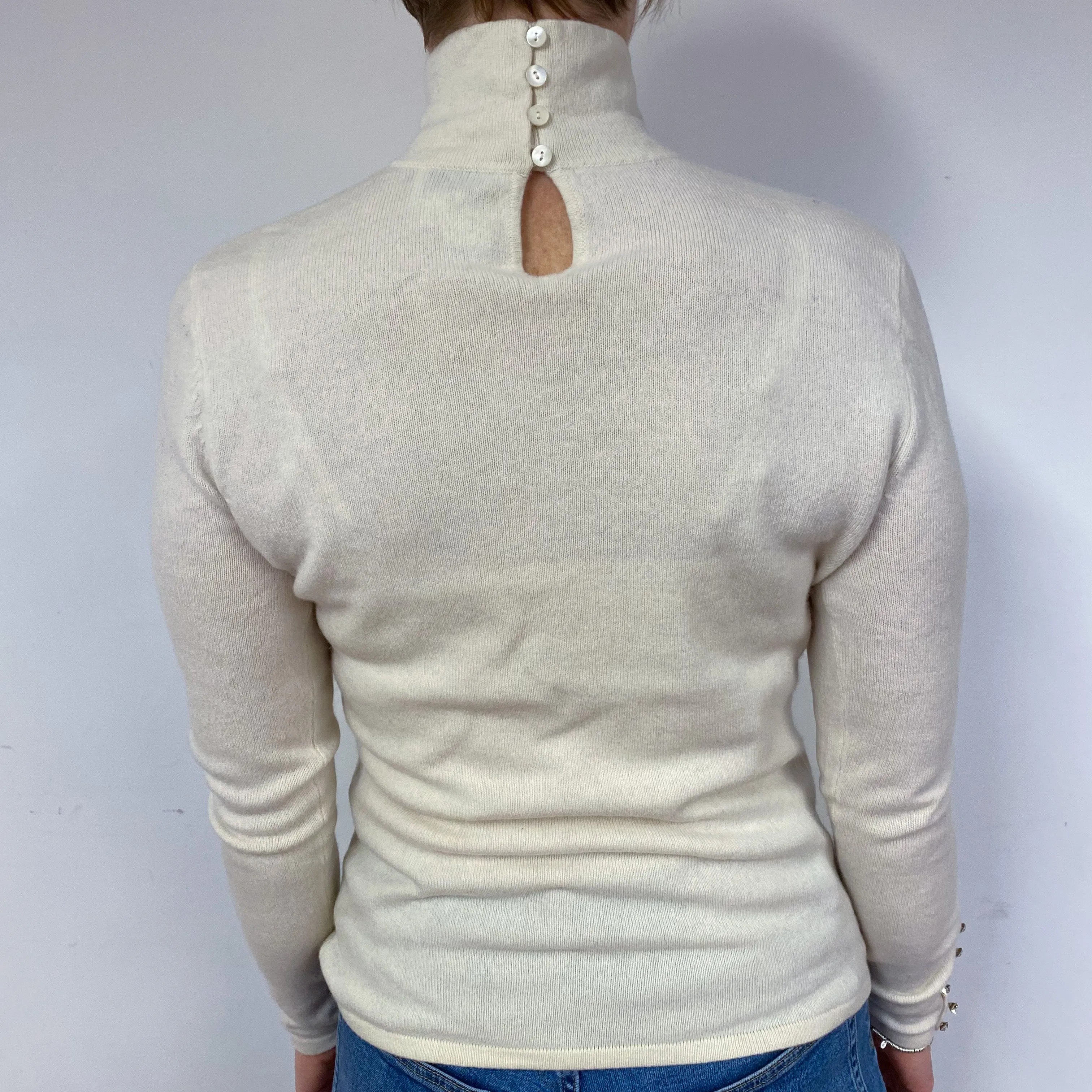 Cream Silk Flower Cashmere Polo Neck Jumper Medium