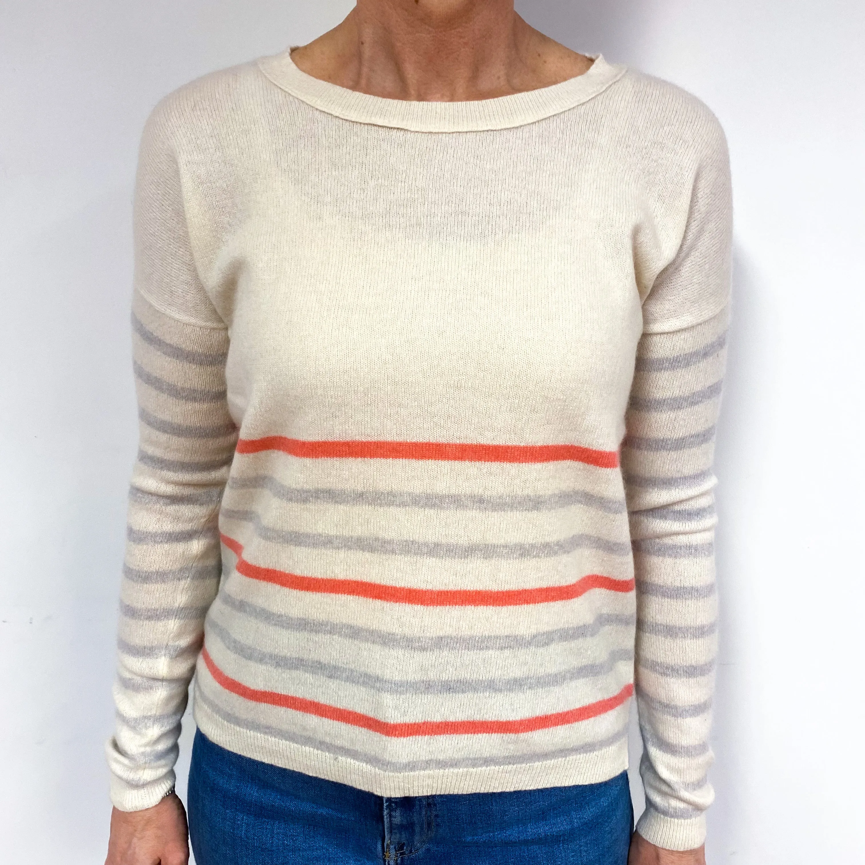 Cream Stripe Cashmere Crew Neck Jumper Medium