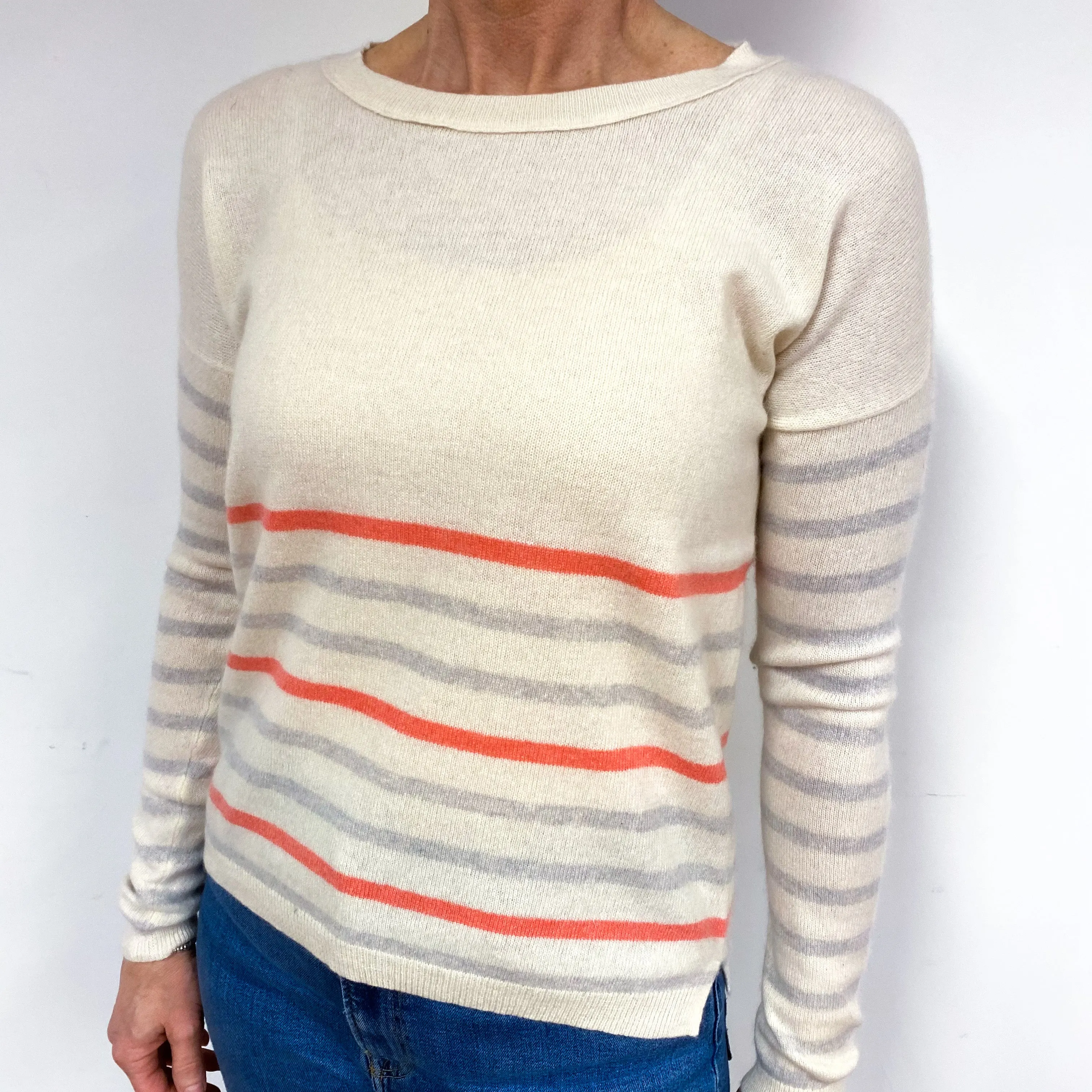 Cream Stripe Cashmere Crew Neck Jumper Medium