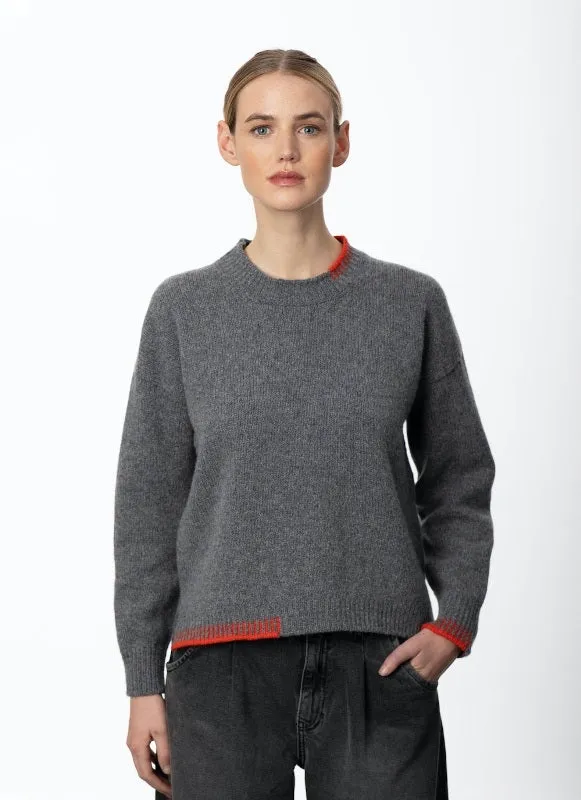 Crew neck sweater with blanket stitch detailing – Grey and Lifebuoy - Fisherman Out of Ireland