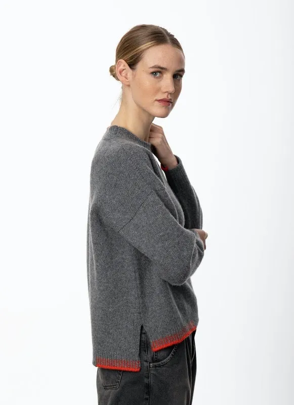 Crew neck sweater with blanket stitch detailing – Grey and Lifebuoy - Fisherman Out of Ireland