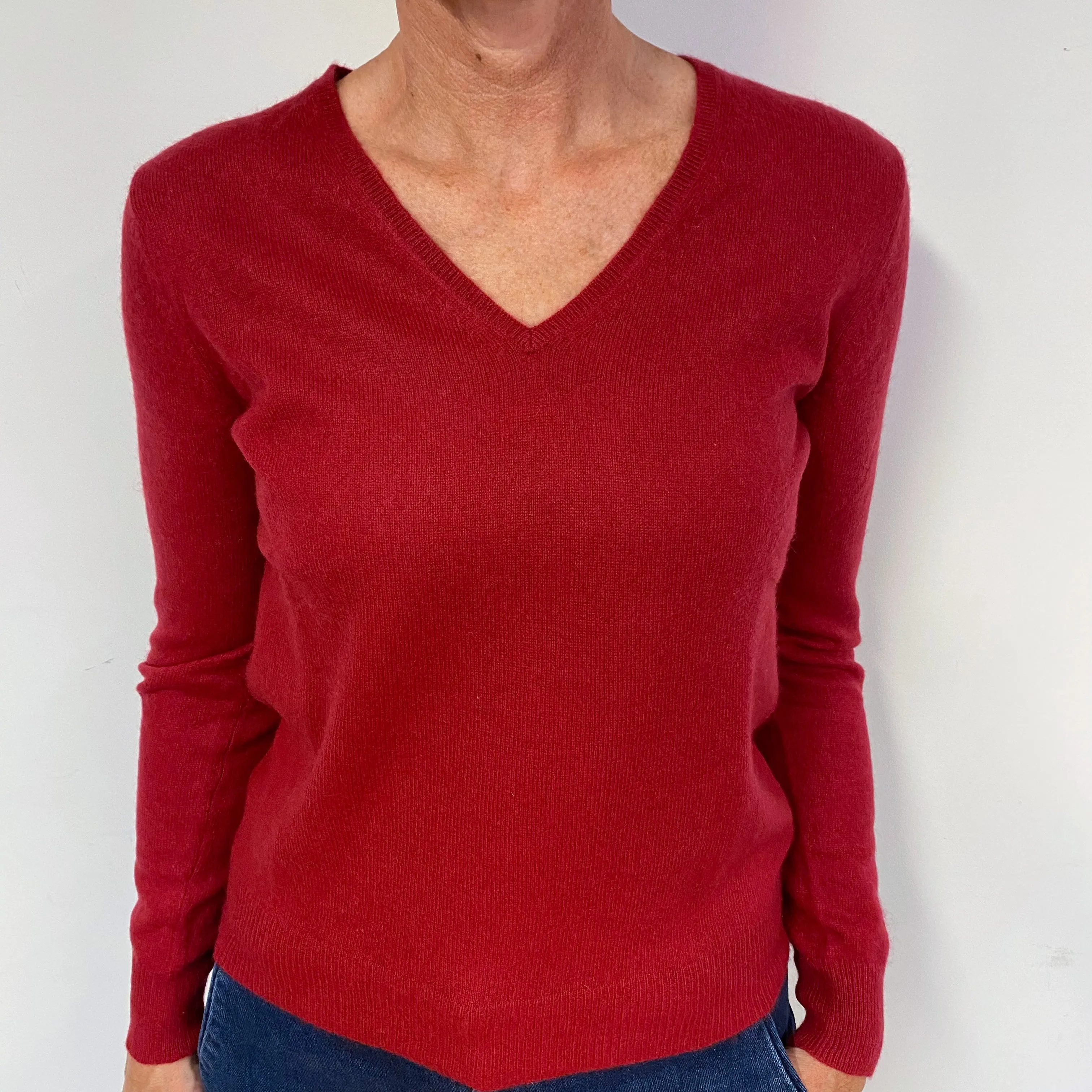 Crimson Red Cashmere V-Neck Jumper