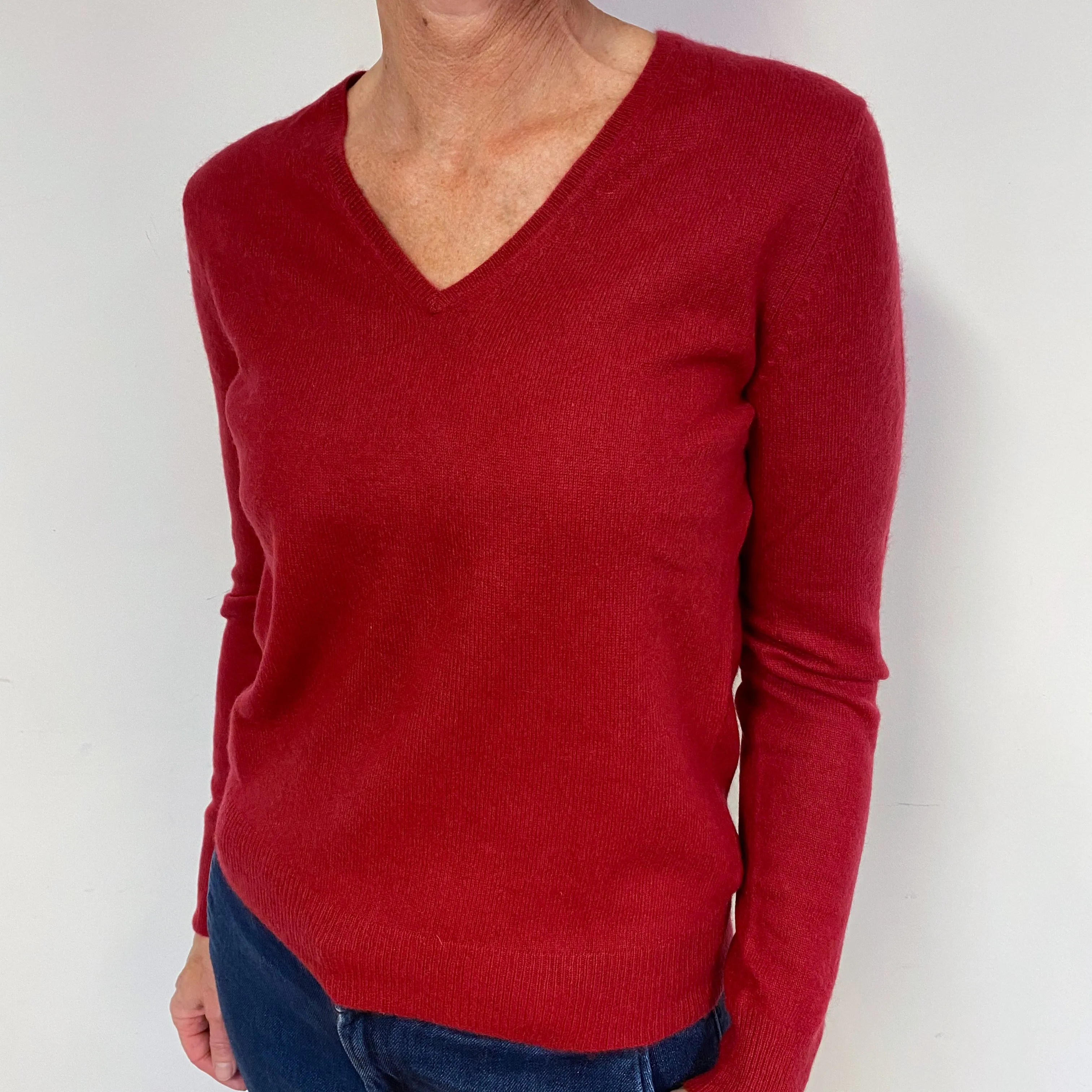 Crimson Red Cashmere V-Neck Jumper