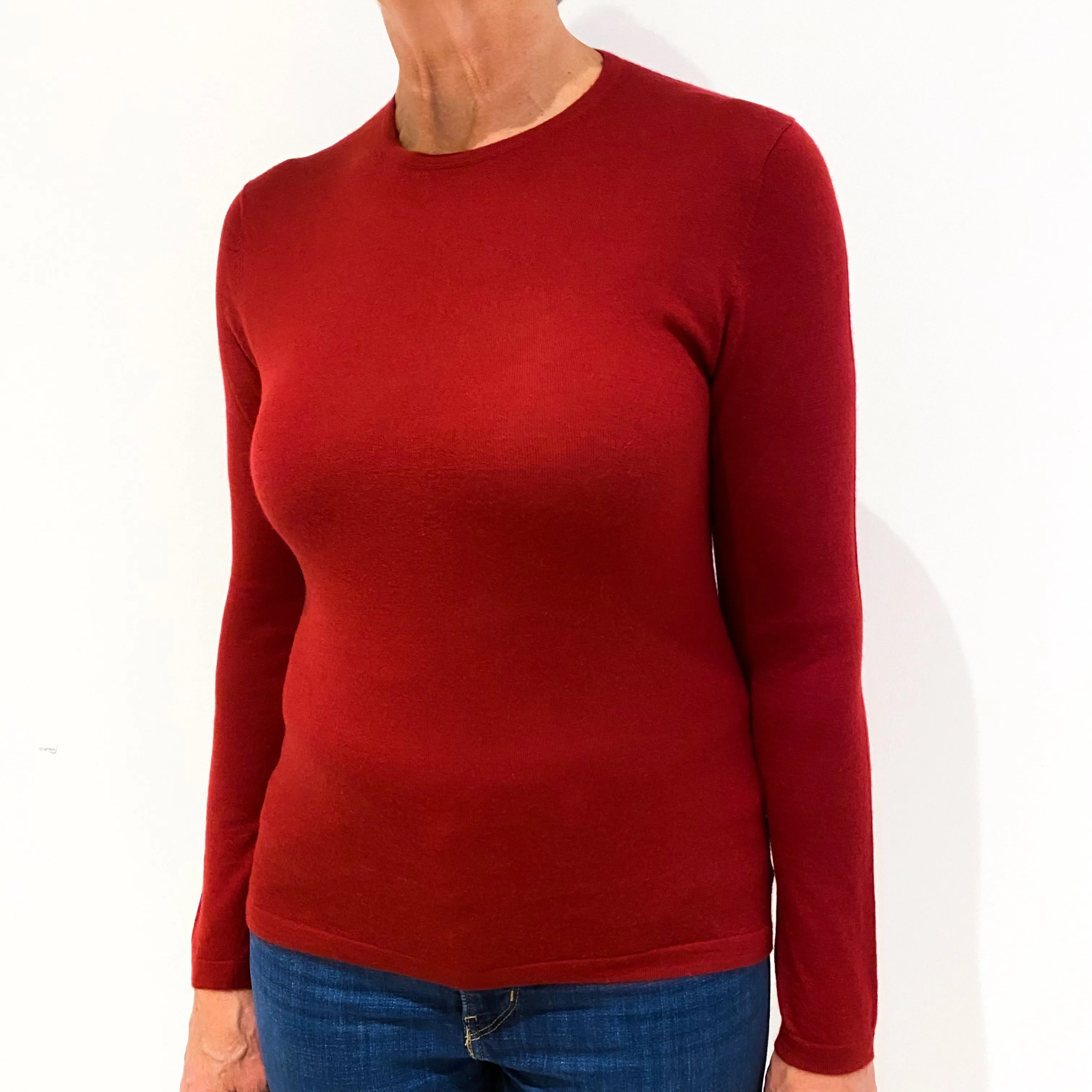 Crimson Red Fine Knit Cashmere Crew Neck Jumper Medium
