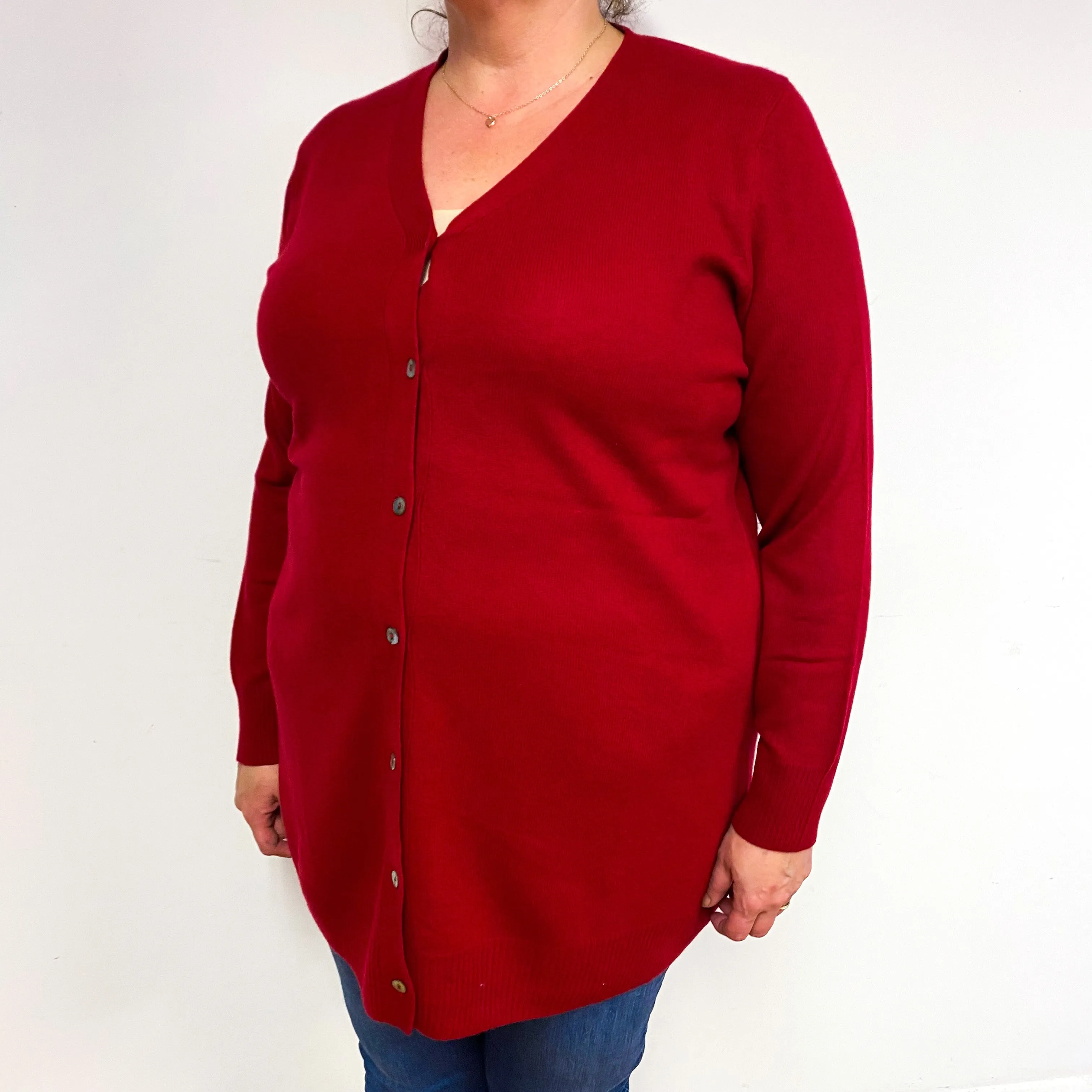 Crimson Red Longline Cashmere V-Neck Cardigan Extra Large
