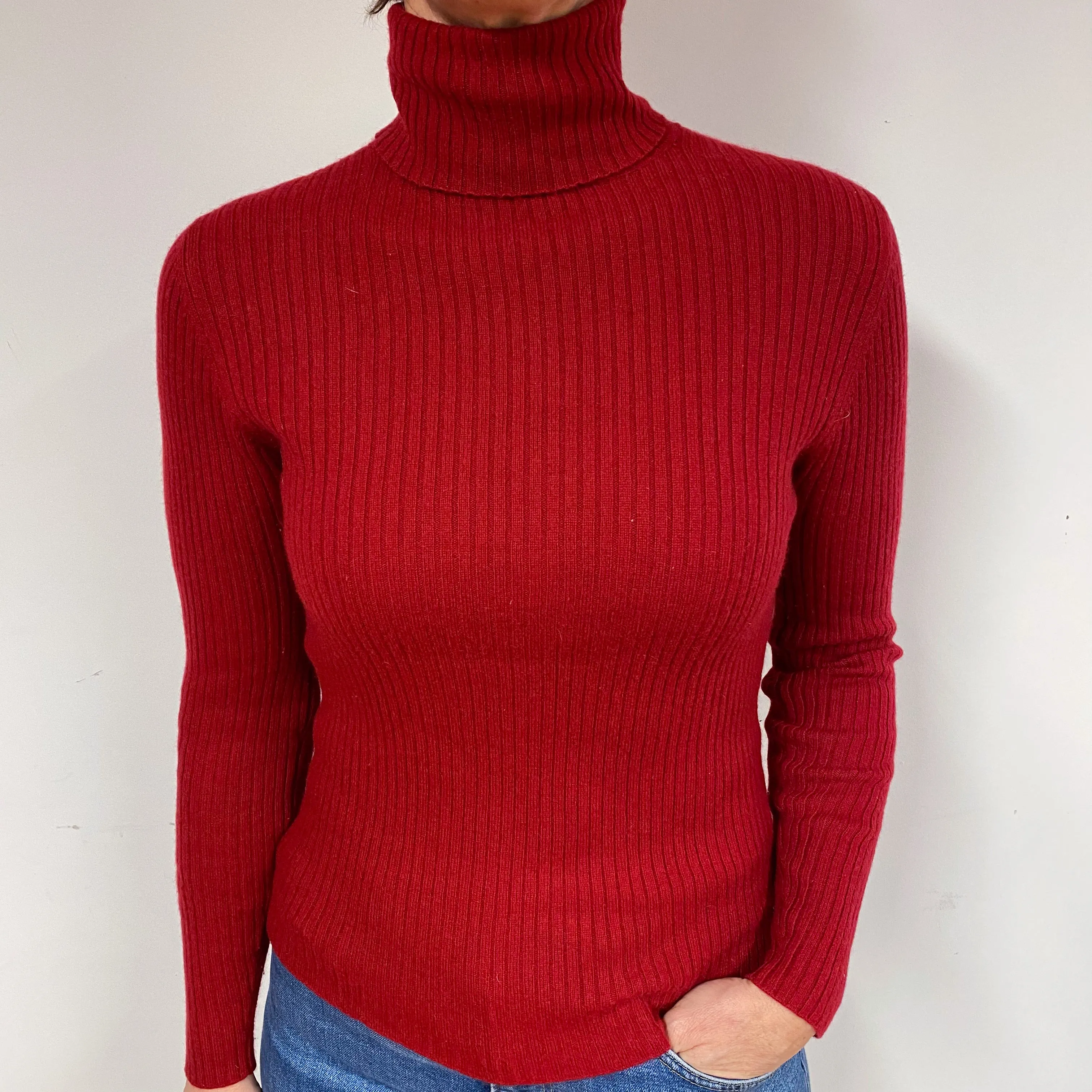 Crimson Red Ribbed Cashmere Polo Neck Jumper Medium/Petite