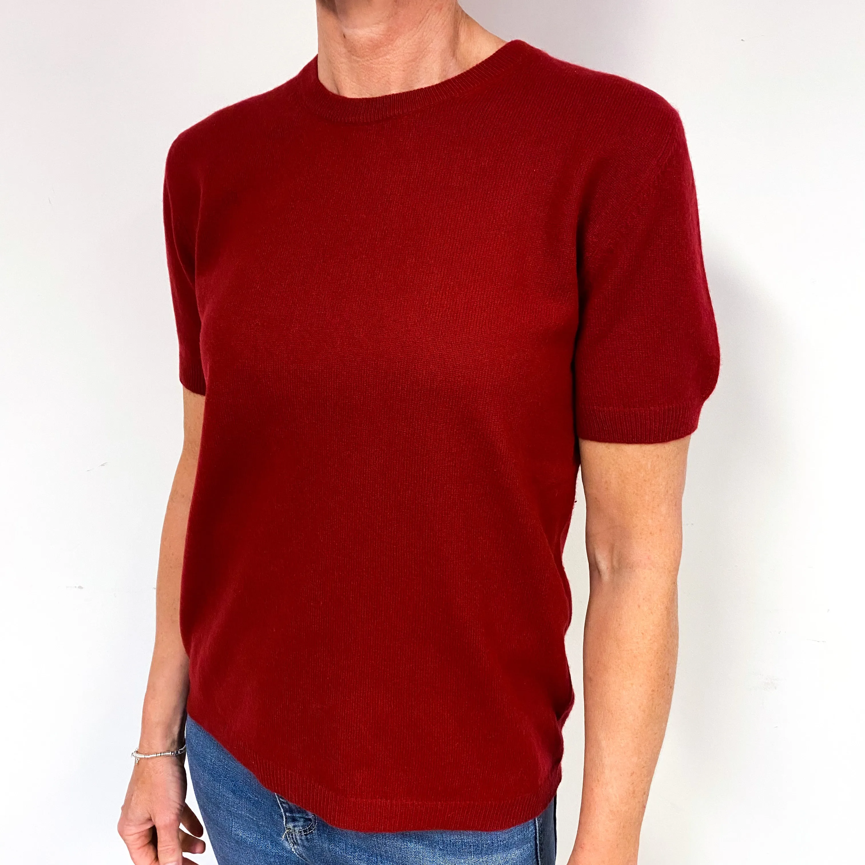 Crimson Red Short Sleeve Cashmere Crew Neck Jumper Medium