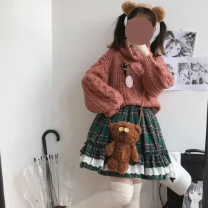Cute Women Skirt 2024 Faldas Mujer De Moda Vintage Plaid Jupe Patchwork Lace Ruffles A-line Sweet Skirts Fashion Japanese Saia