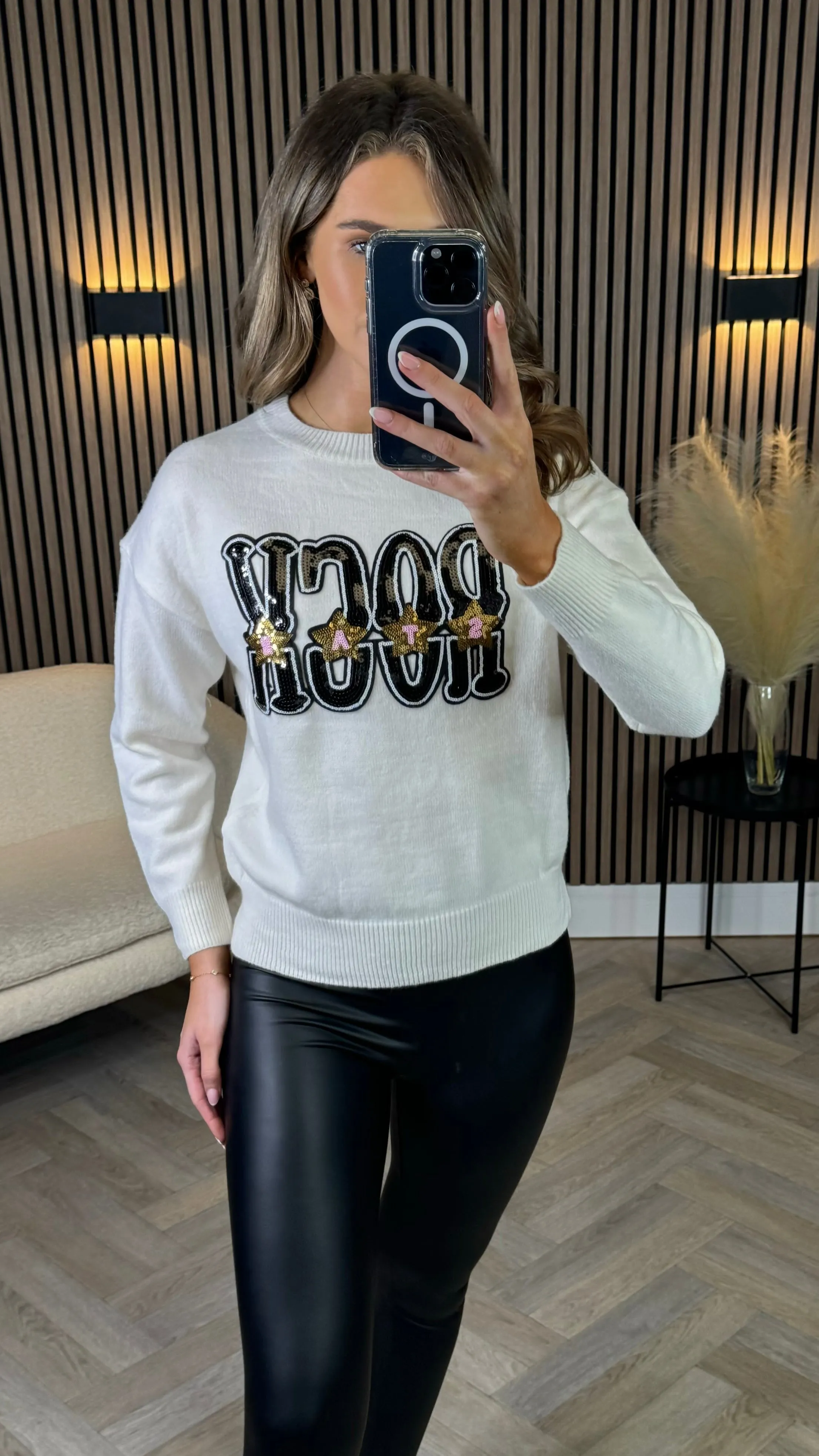 Darina Cream 'ROCK' Sequin Slogan Jumper