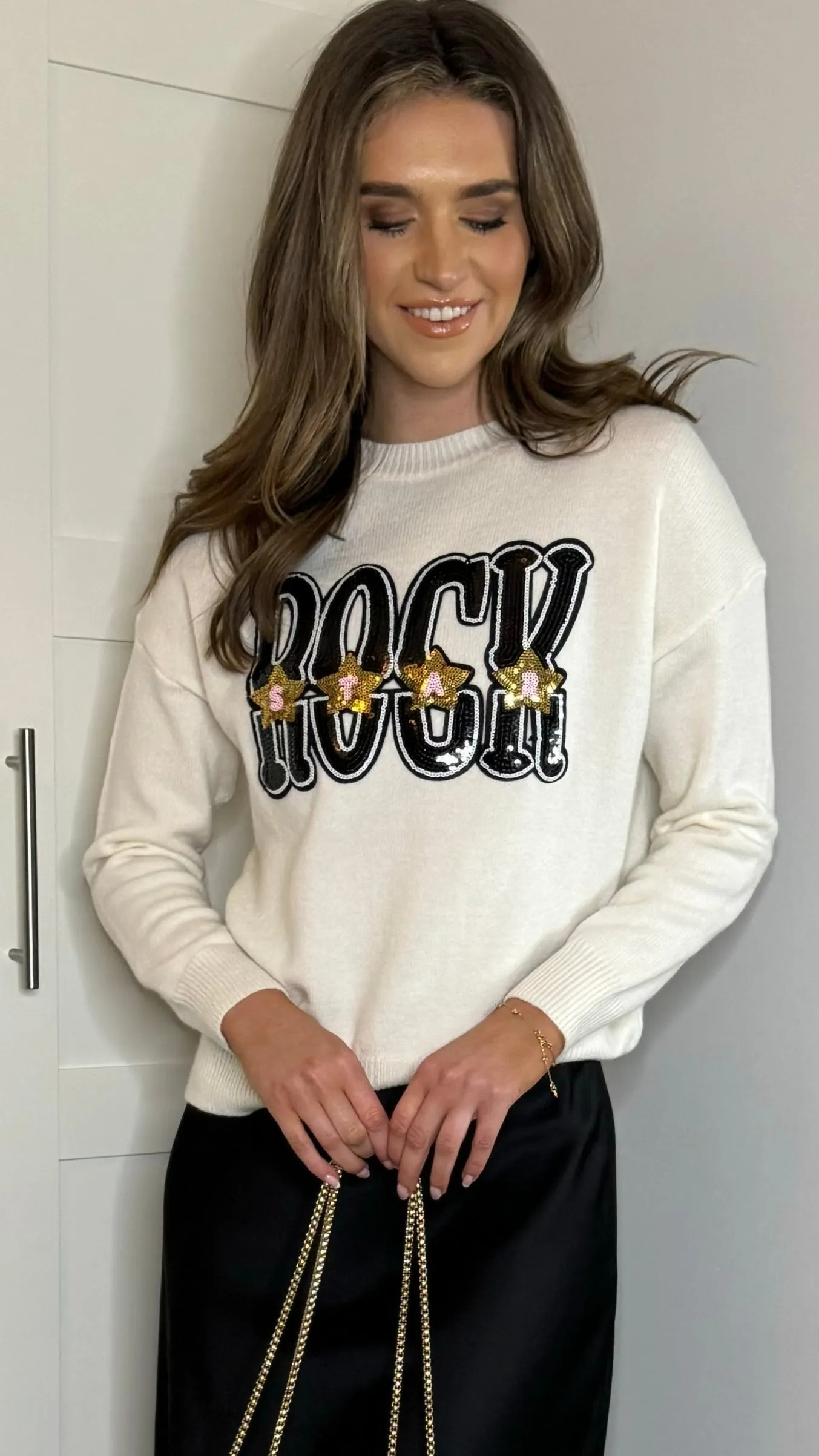 Darina Cream 'ROCK' Sequin Slogan Jumper