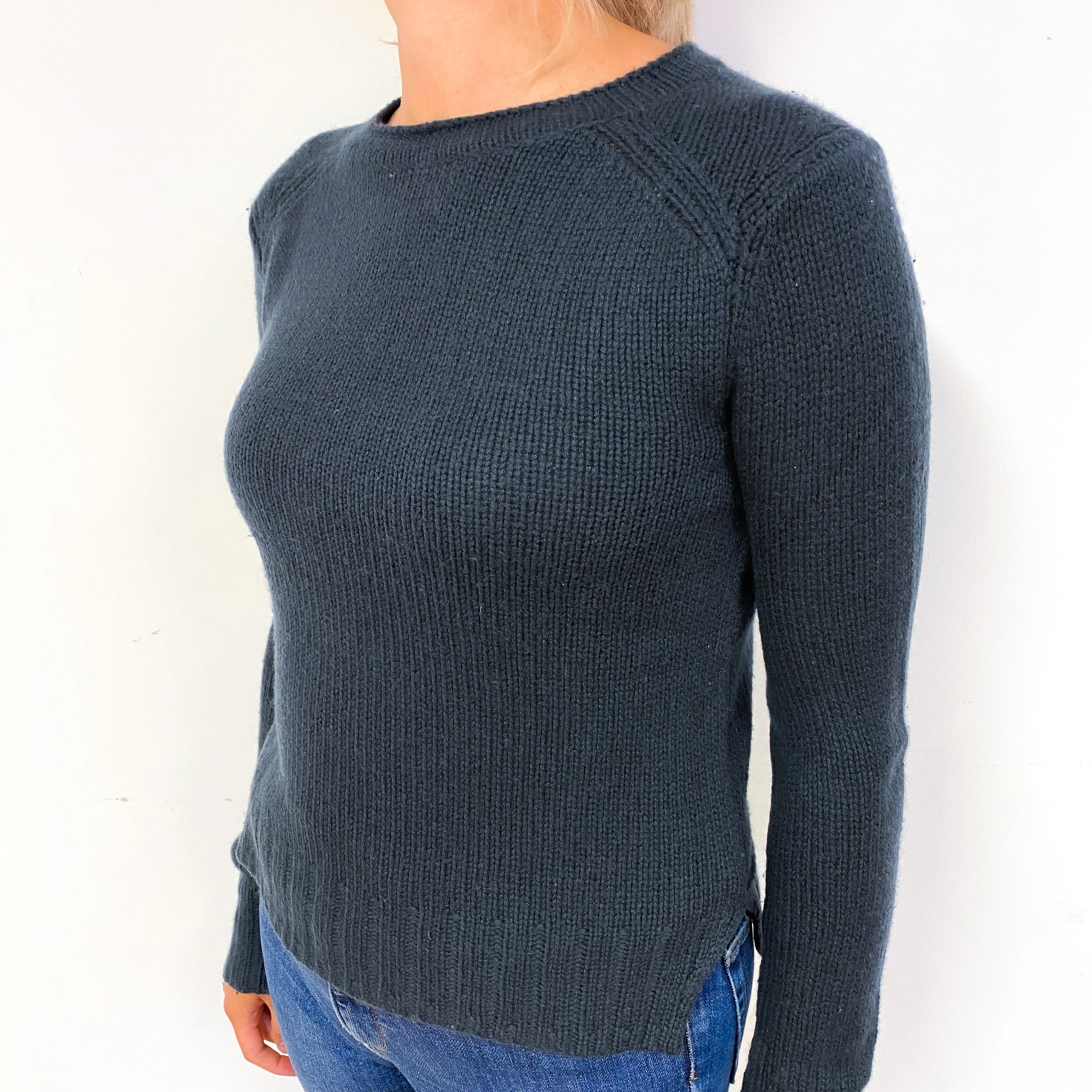 Dark Blue Grey Chunky Cashmere Crew Neck Jumper Small