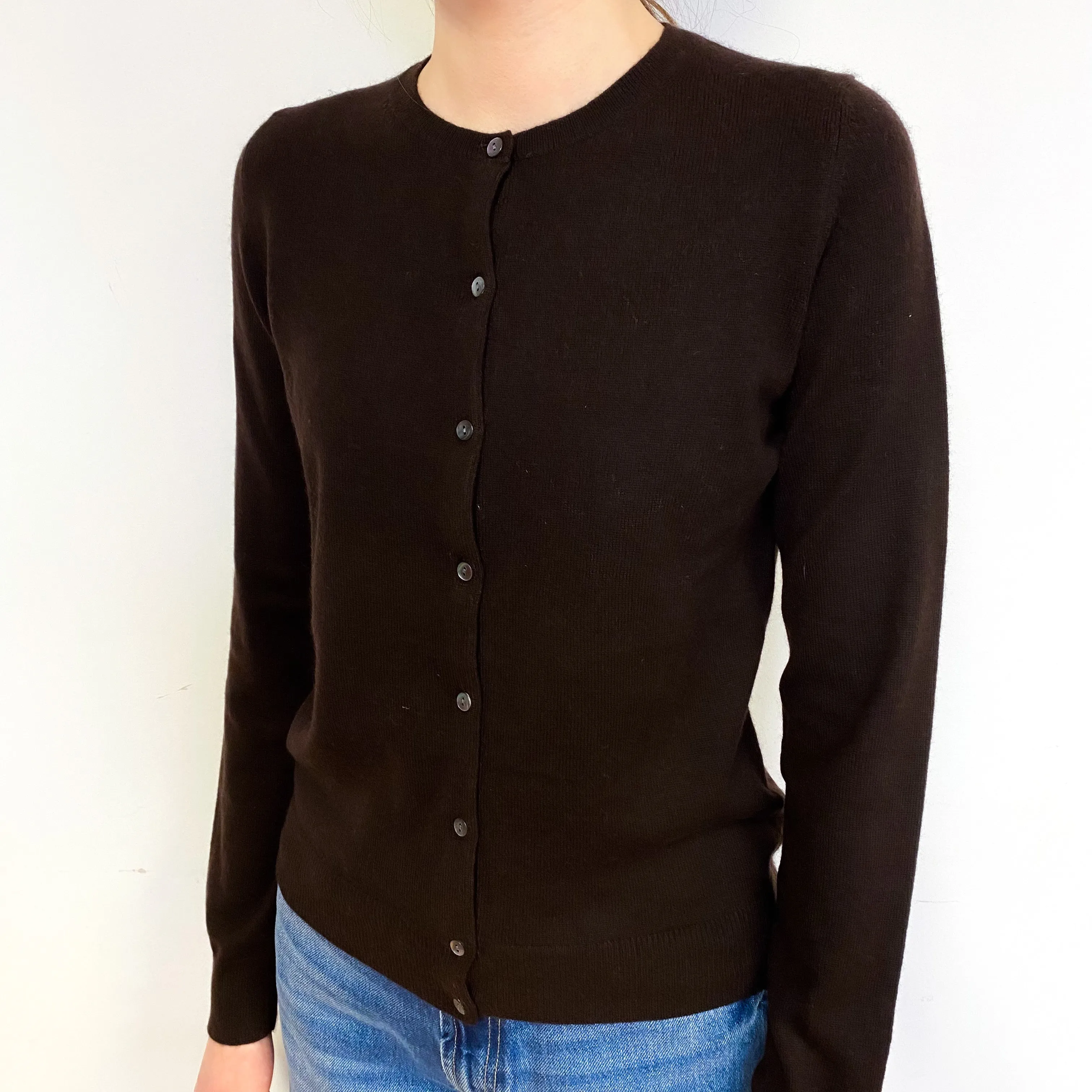 Dark Chocolate Brown Cashmere Crew Neck Cardigan Extra Small