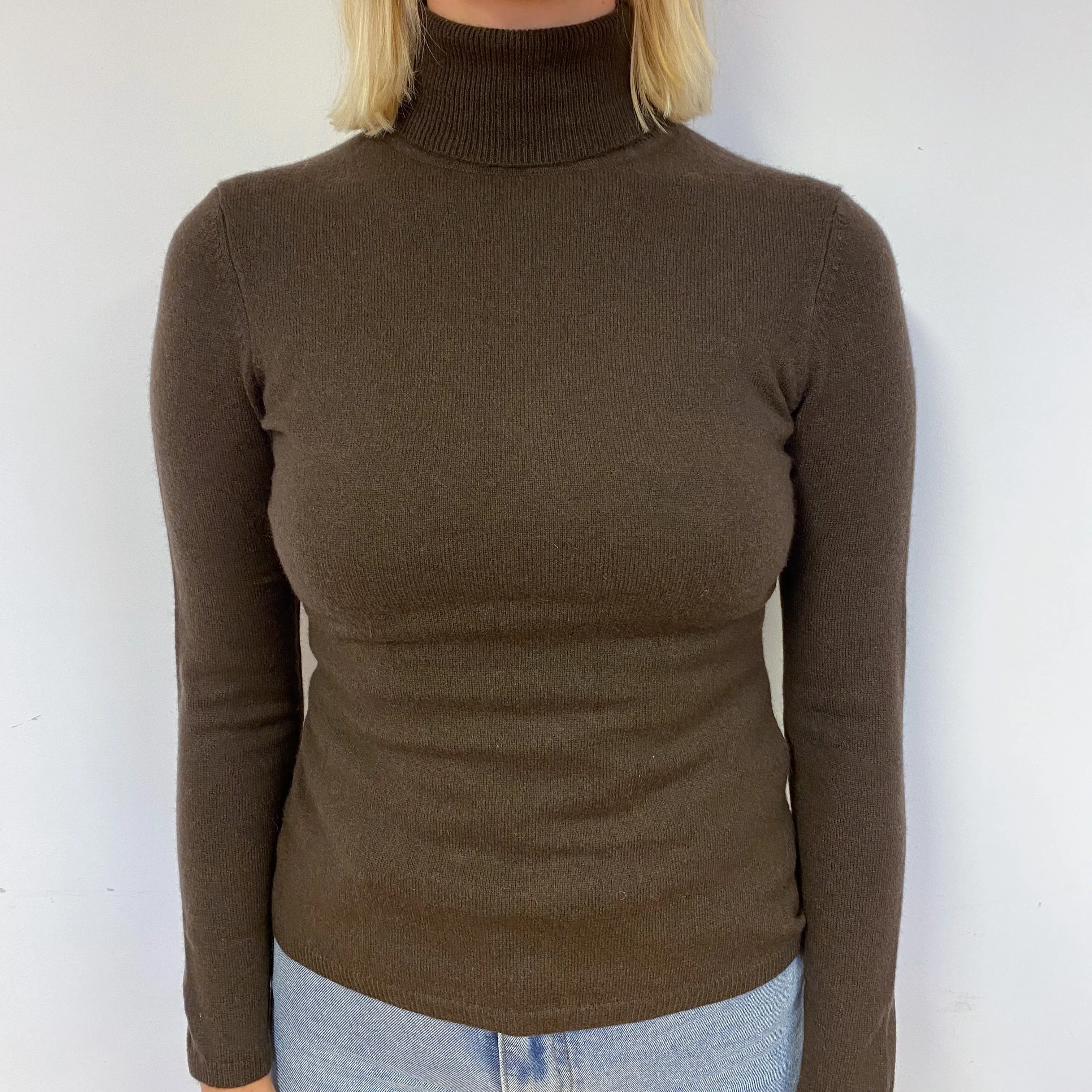 Dark Chocolate Brown Cashmere Polo Neck Jumper Small