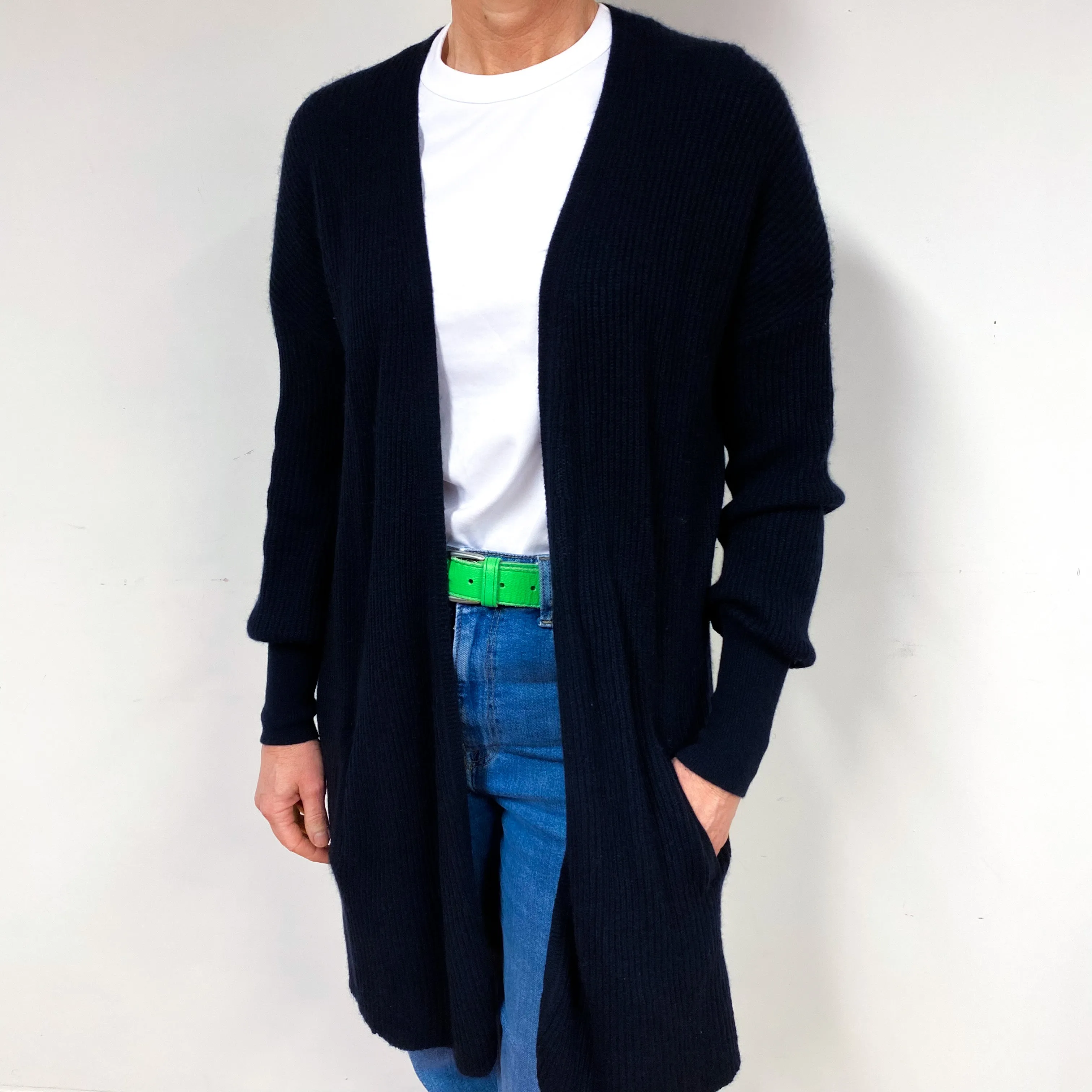 Dark Navy Ribbed Cashmere Edge to Edge Cardigan Medium