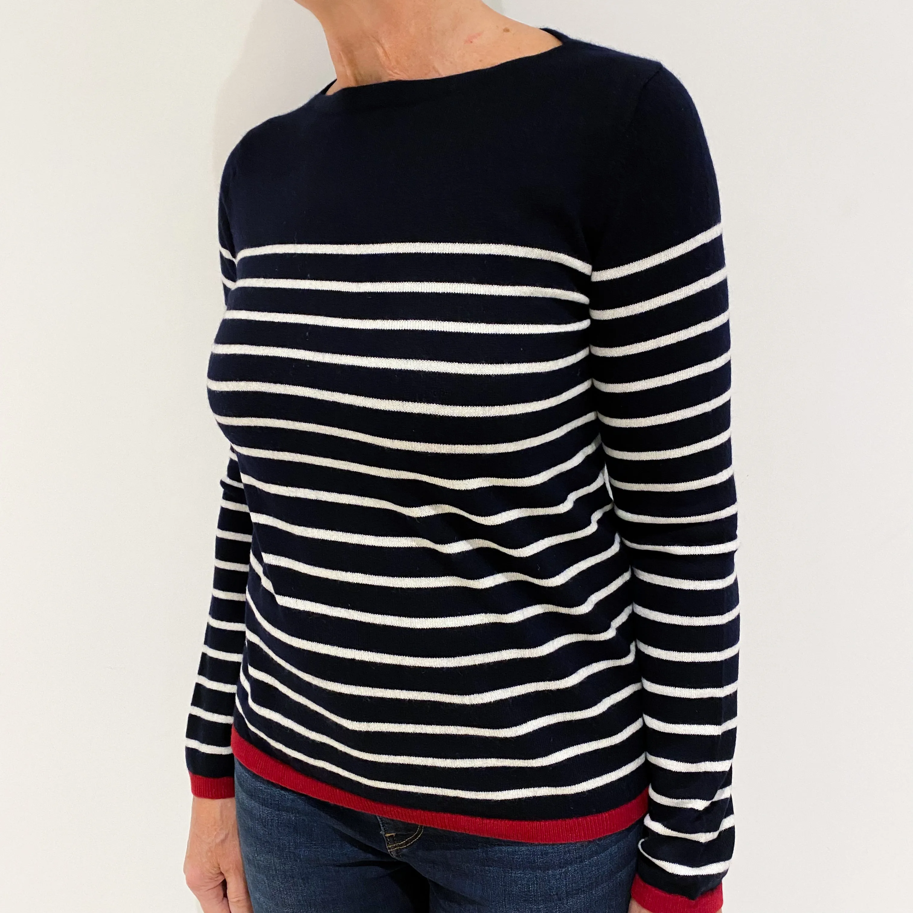 Dark Navy White Stripe Cashmere Crew Neck Jumper Medium