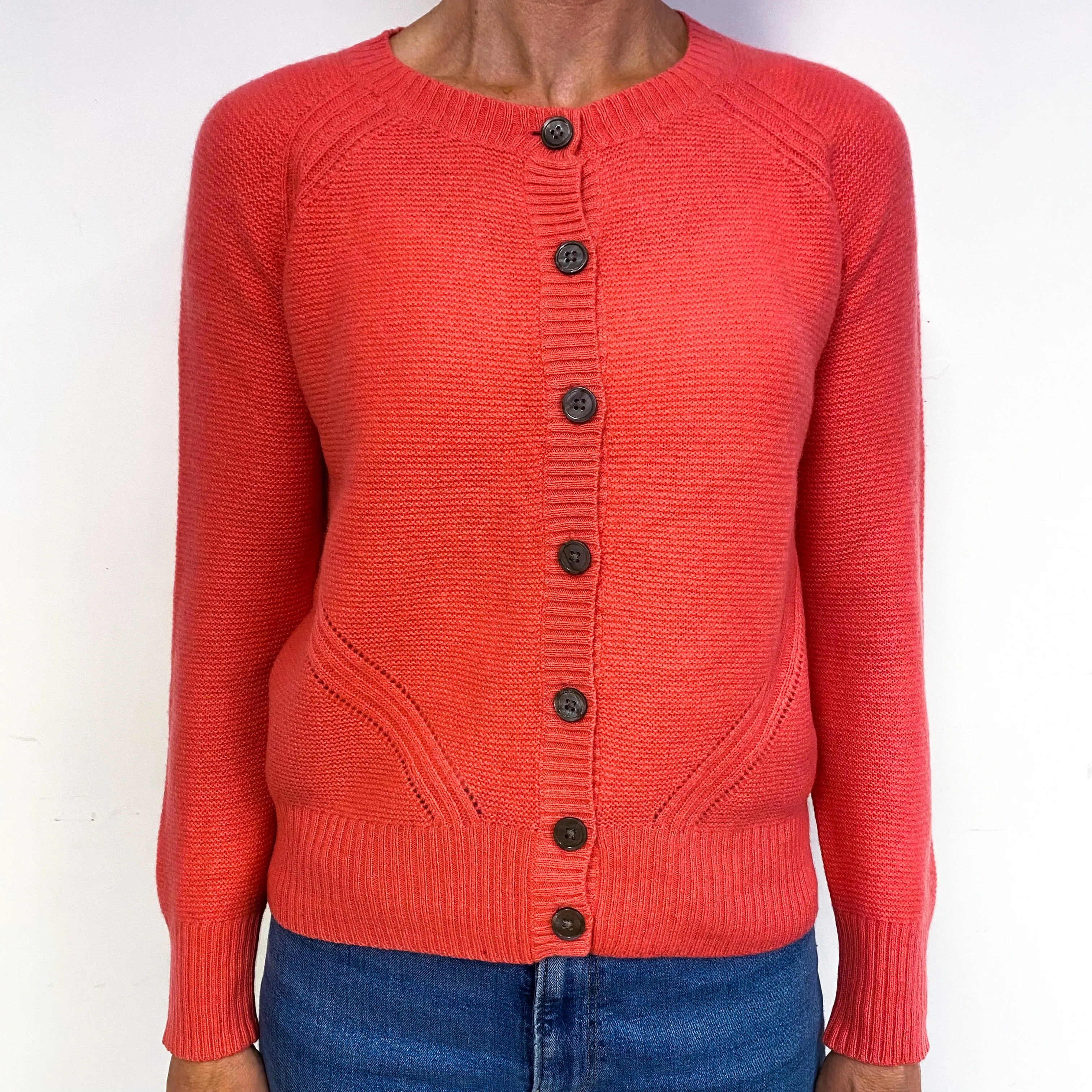 Deep Coral Orange Cashmere Crew Neck Cardigan Medium