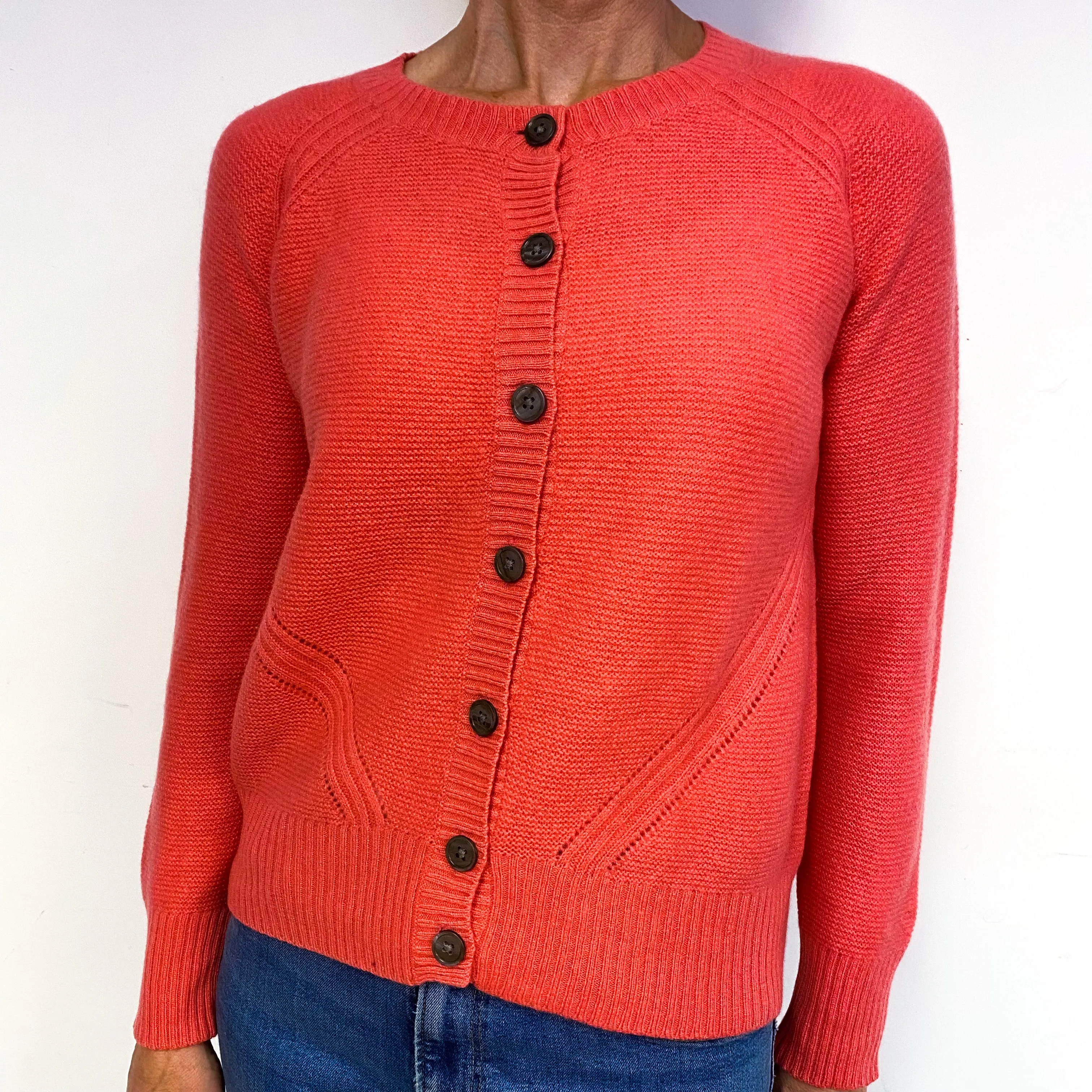 Deep Coral Orange Cashmere Crew Neck Cardigan Medium