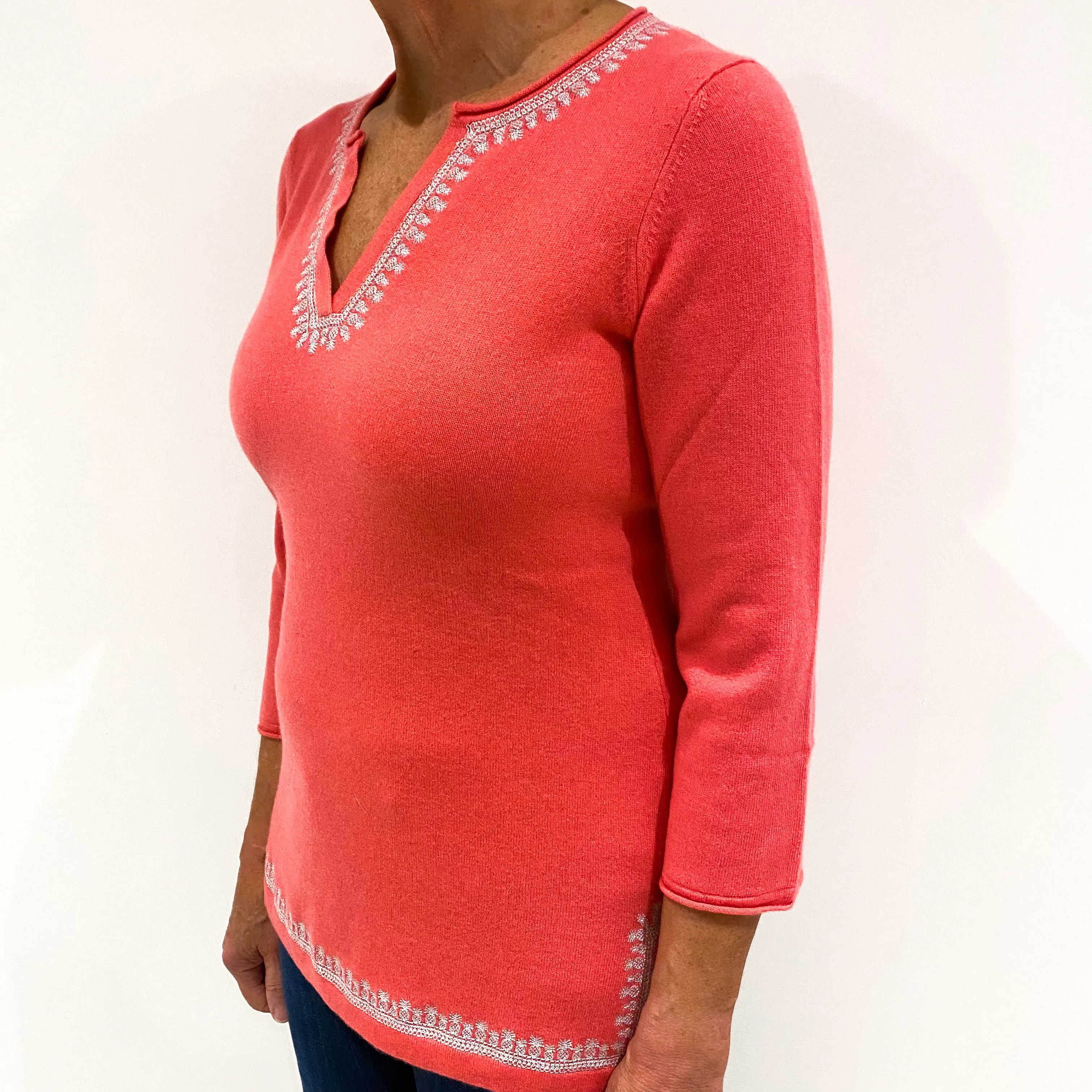 Deep Coral Pink Cashmere V-Neck Jumper Medium