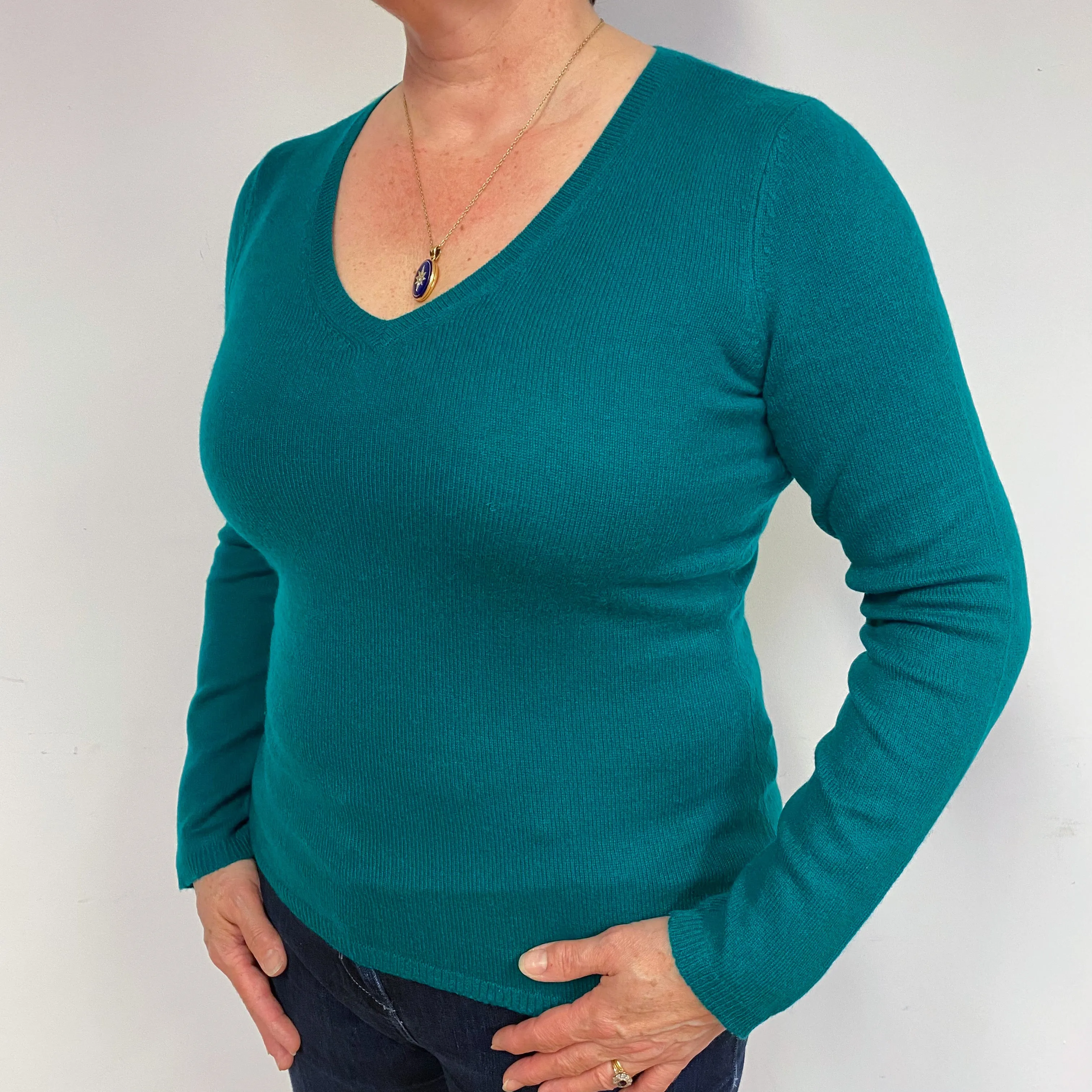 Deep Emerald Green Cashmere V-Neck Jumper Large