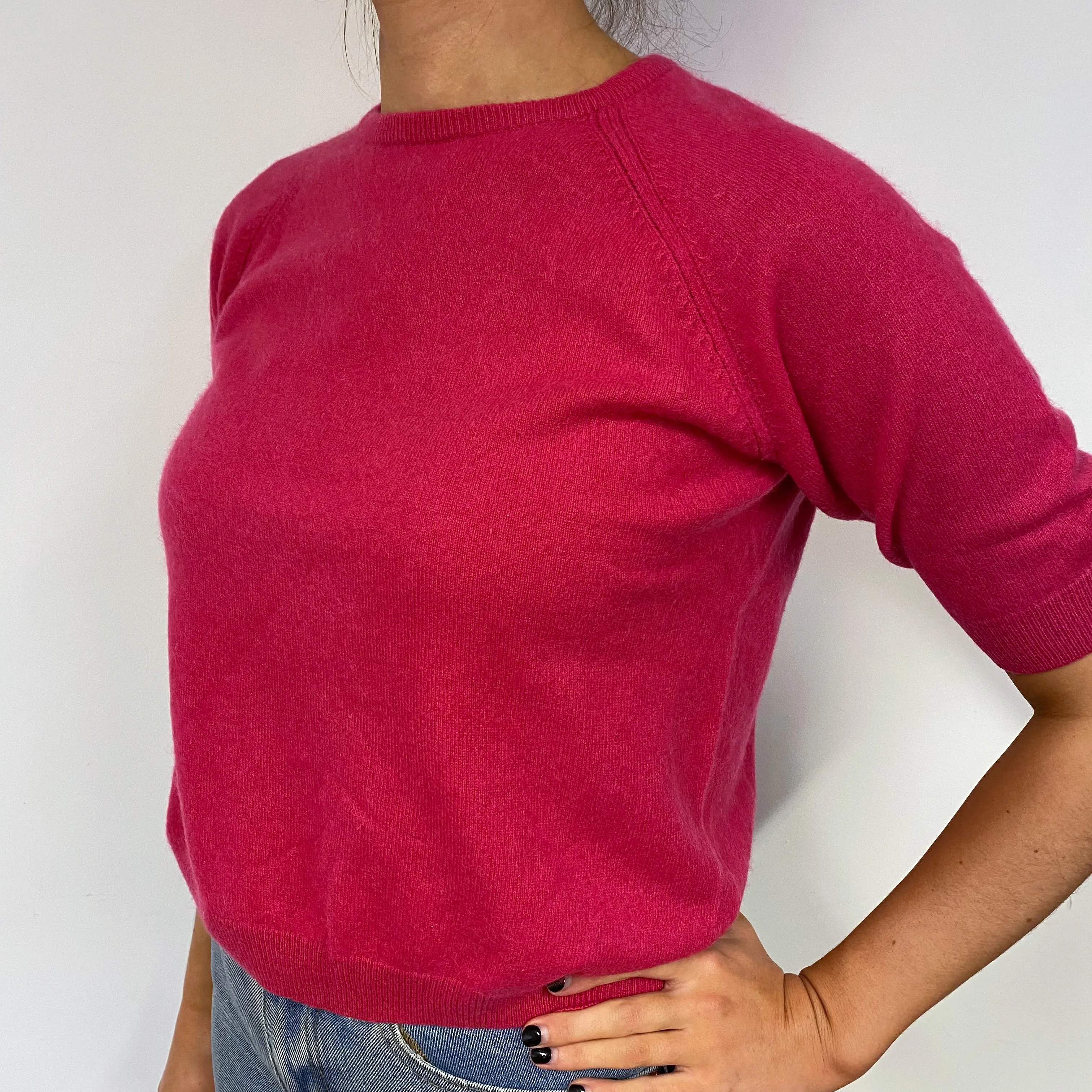 Deep Raspberry Pink Cashmere Short Sleeved Jumper Small