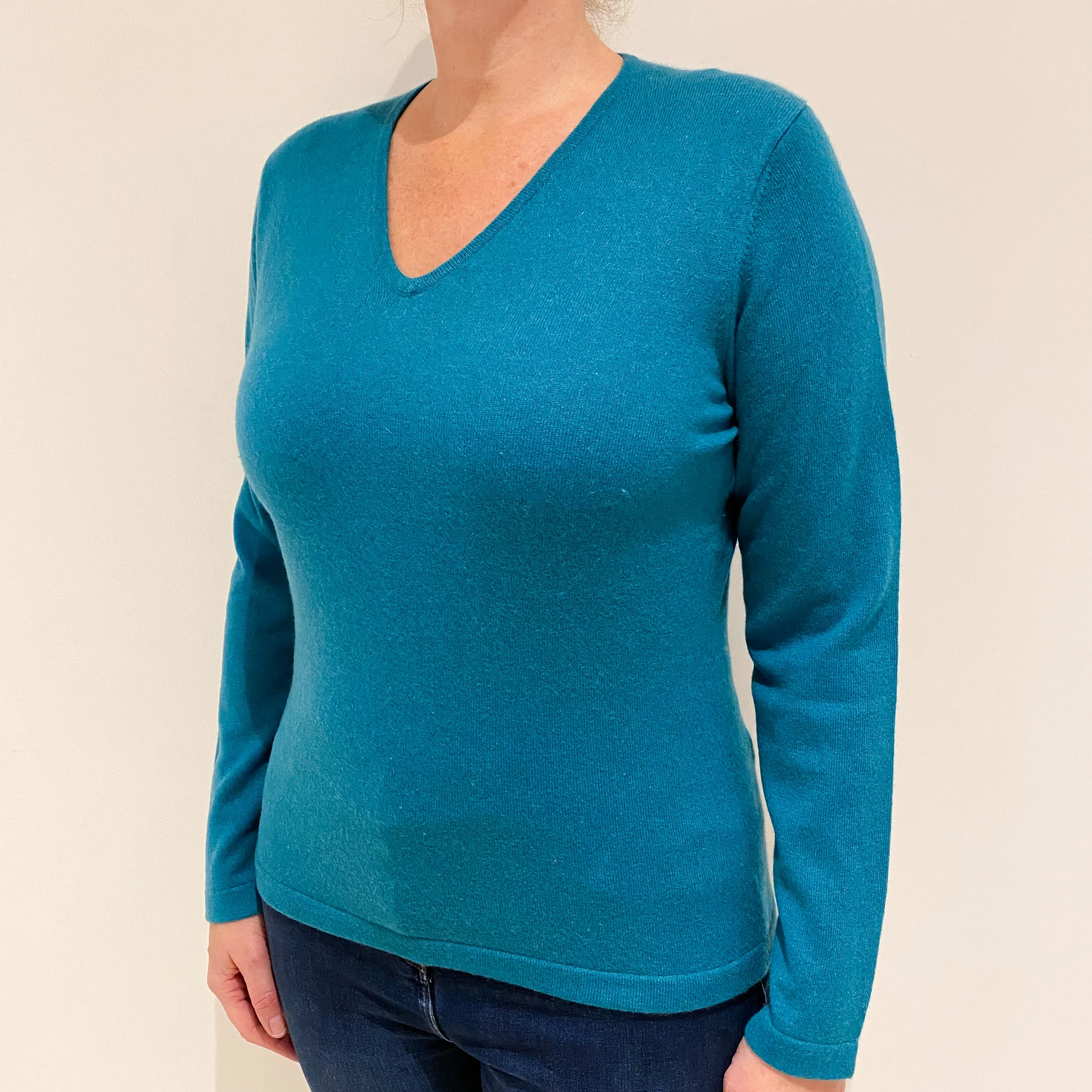 Deep Sea Green Cashmere V-Neck Jumper Large