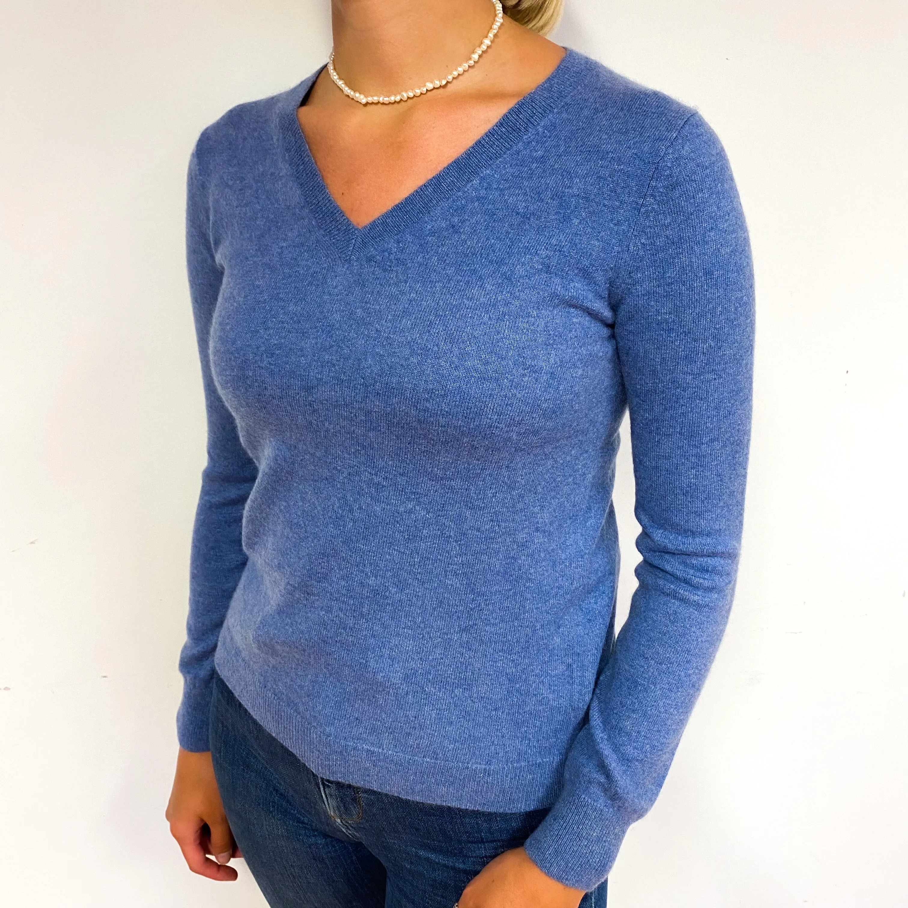 Denim Blue Cashmere V-Neck Jumper Small