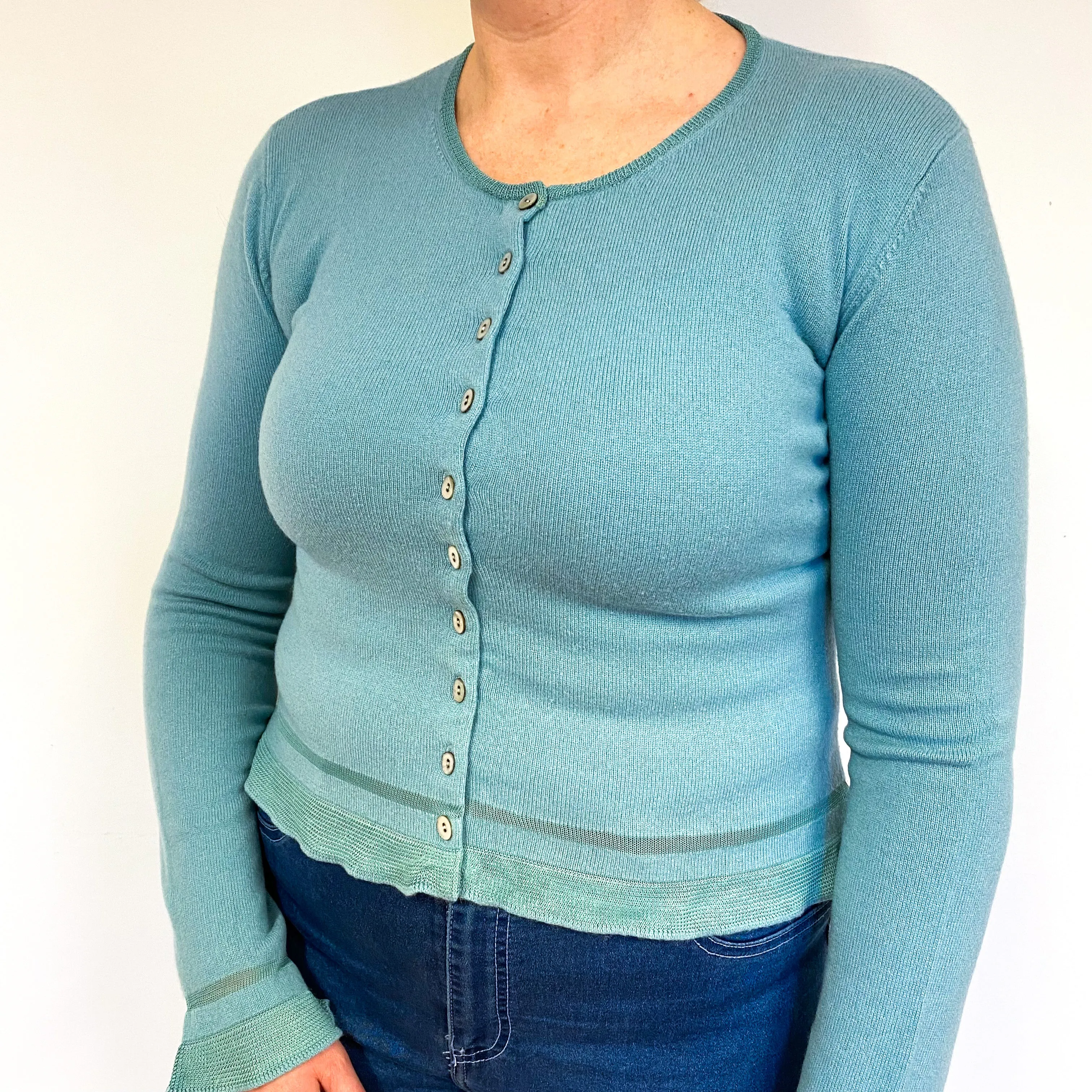 Duck Egg Green Cashmere Crew Neck Cardigan Large