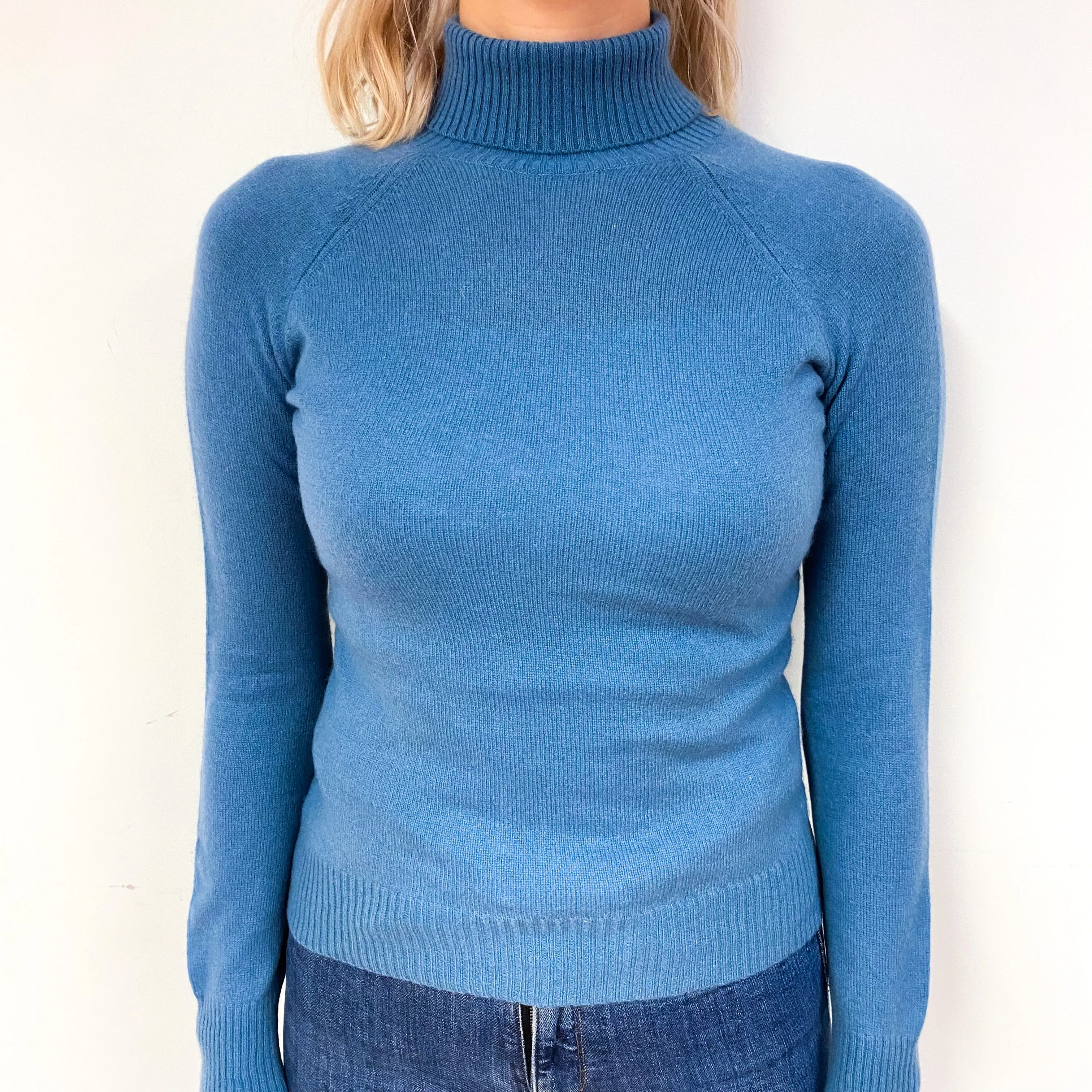 Dusky Blue Cashmere Polo Neck Jumper Small/Petite