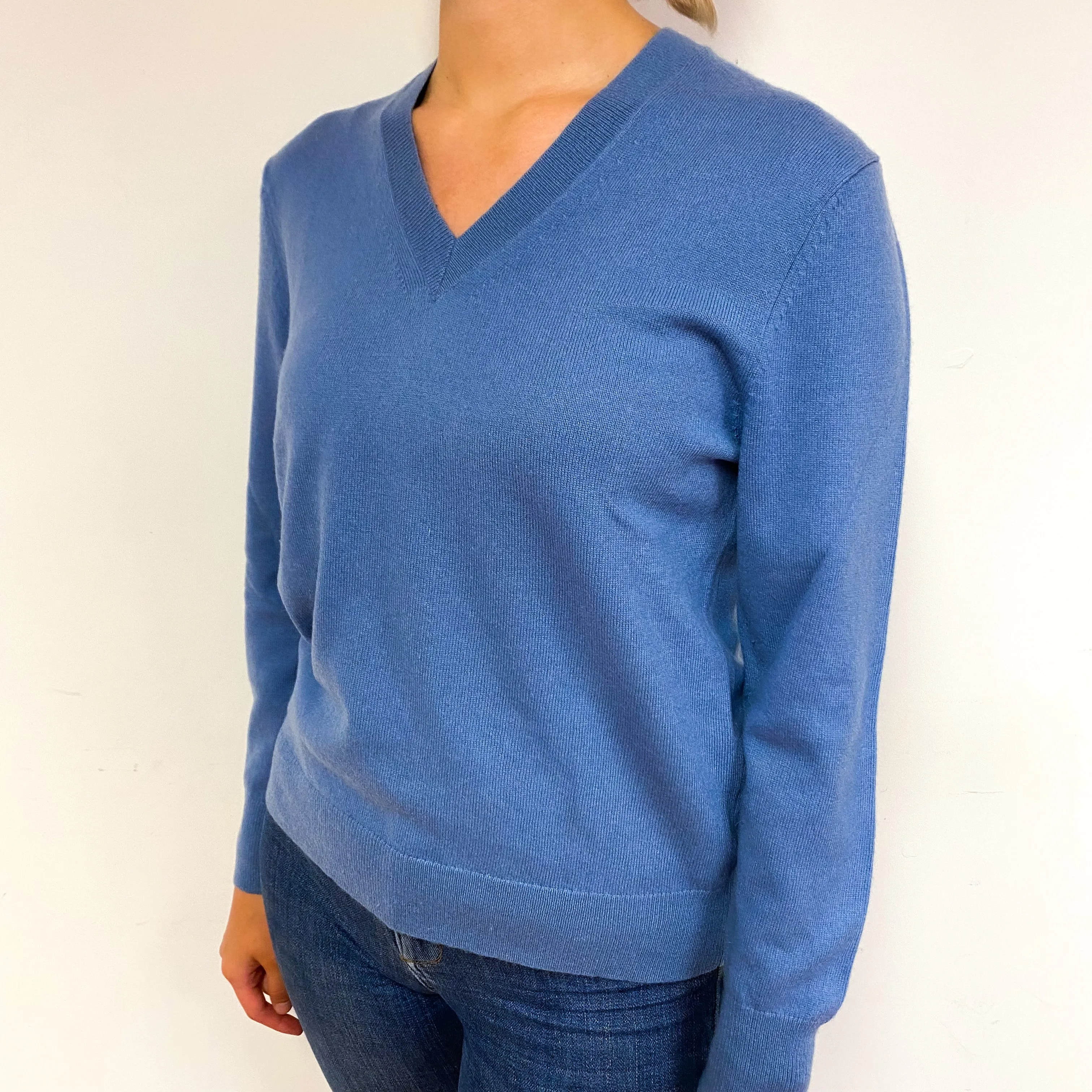 Dusky Blue Cashmere V-Neck Jumper Small