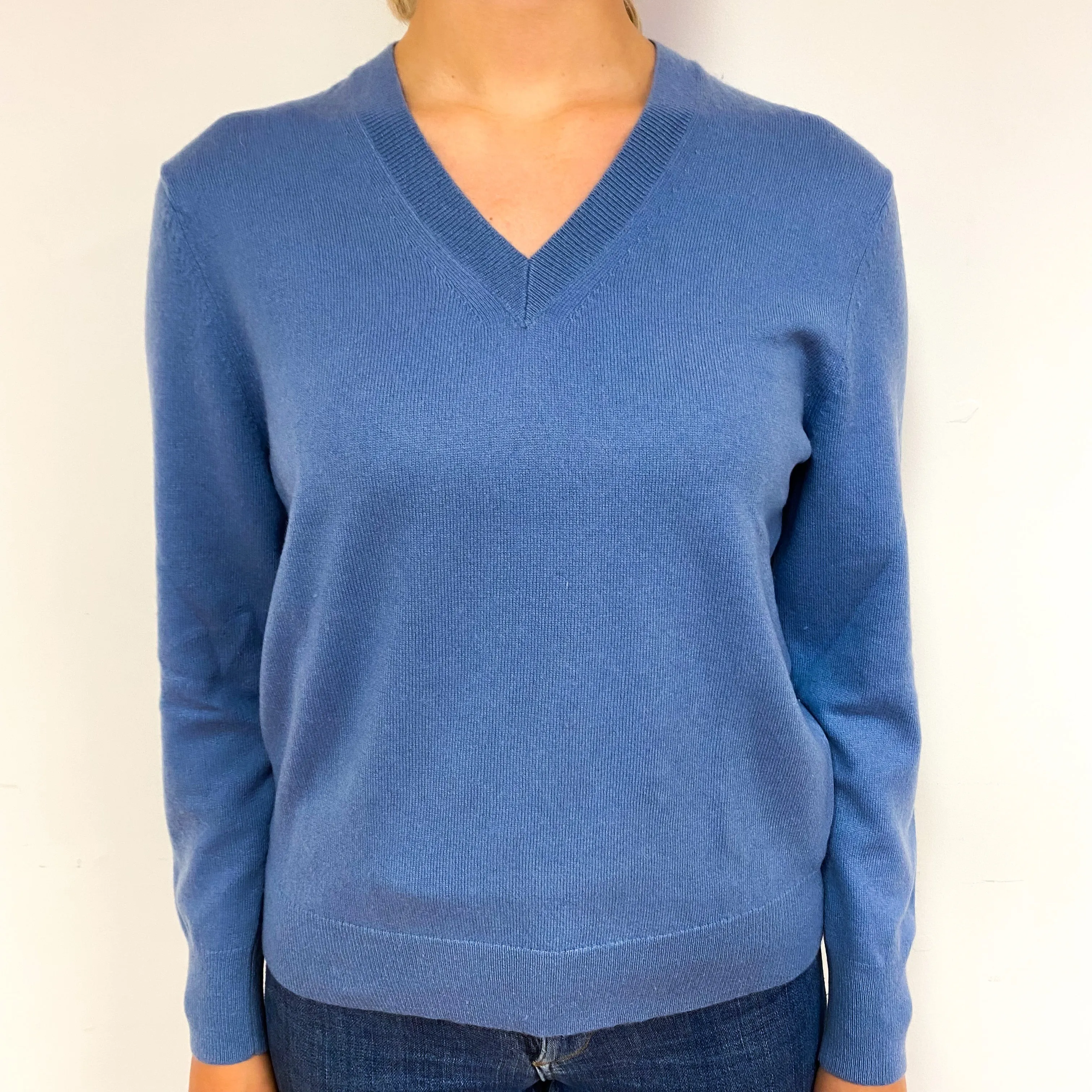 Dusky Blue Cashmere V-Neck Jumper Small